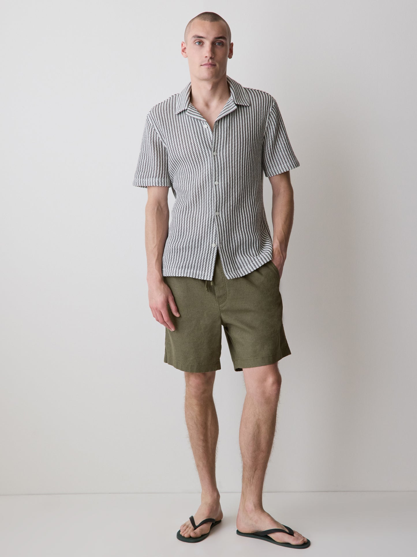 Striped Short-Sleeve Crochet Shirt with Camp Collar