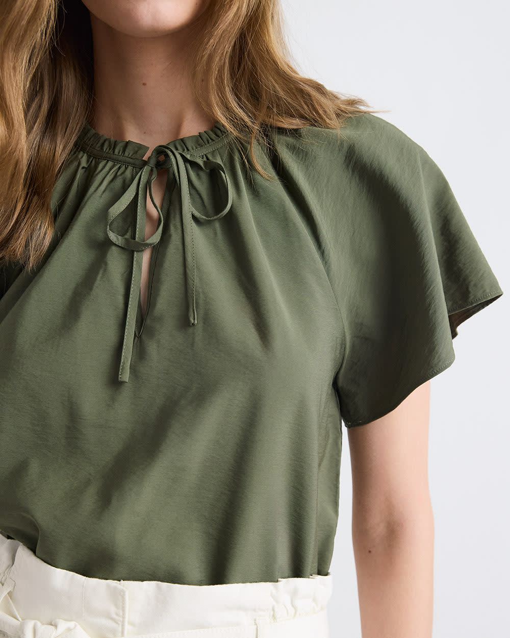 Split-Neck Blouse with Short Flutter Sleeves