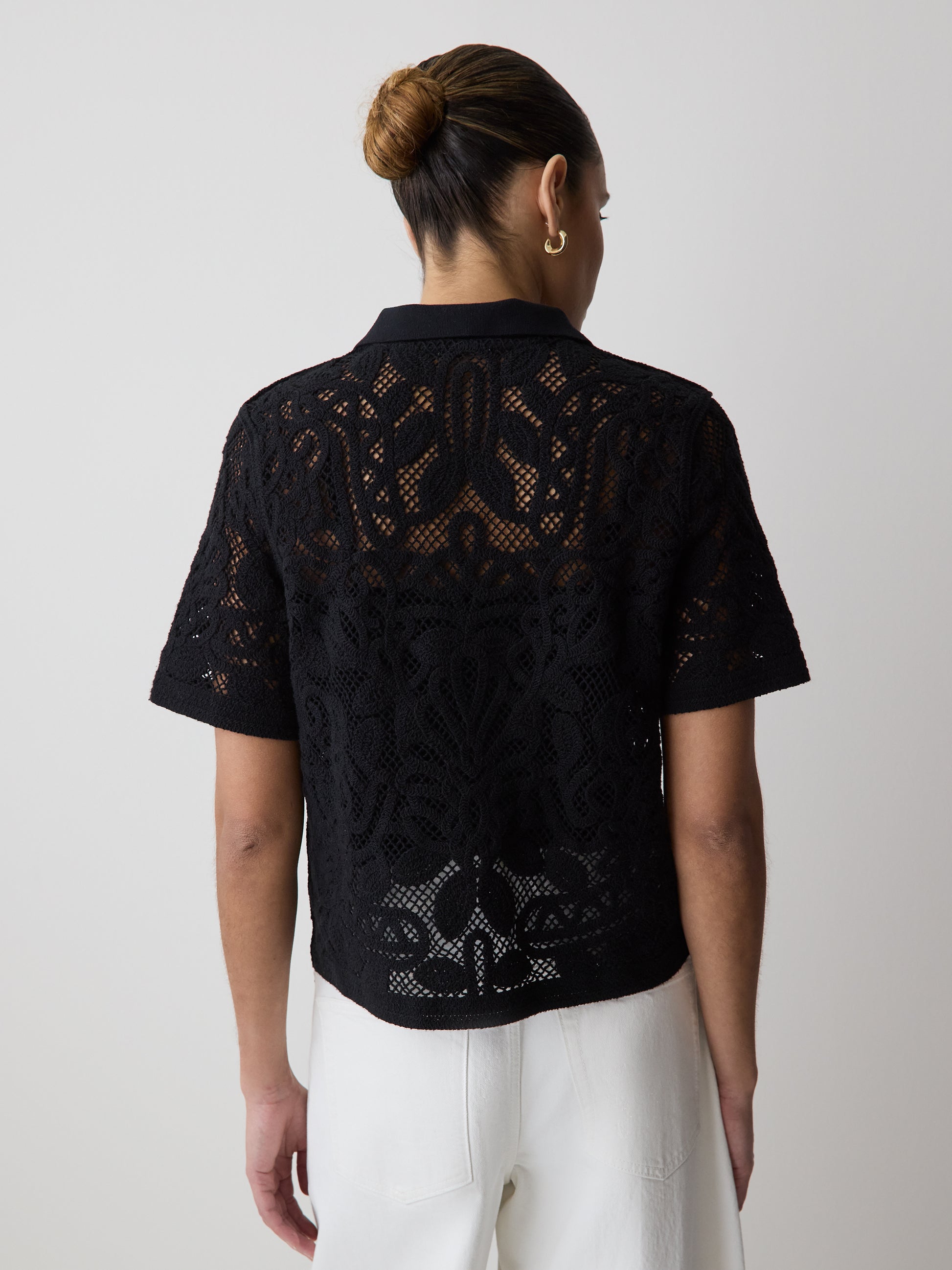 Short-Sleeve Crochet Polo Top