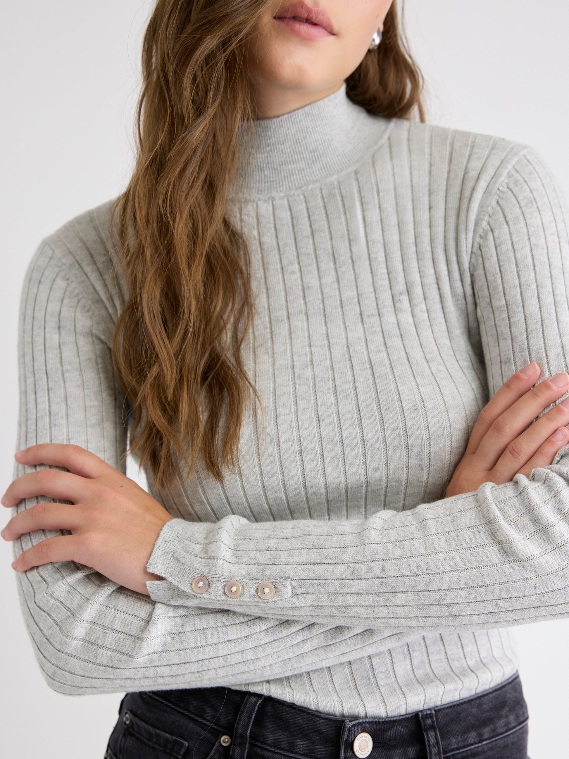 Mock-Neck Sweater with Buttons on Sleeves