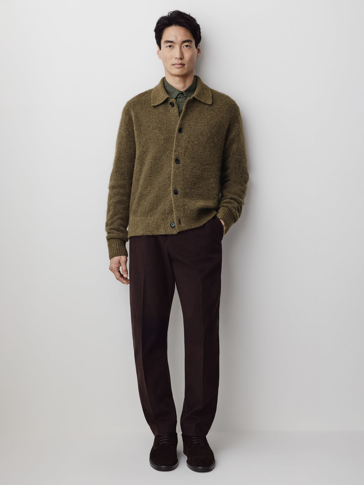 Wool-Blend Hairy Cardigan with Shirt Collar