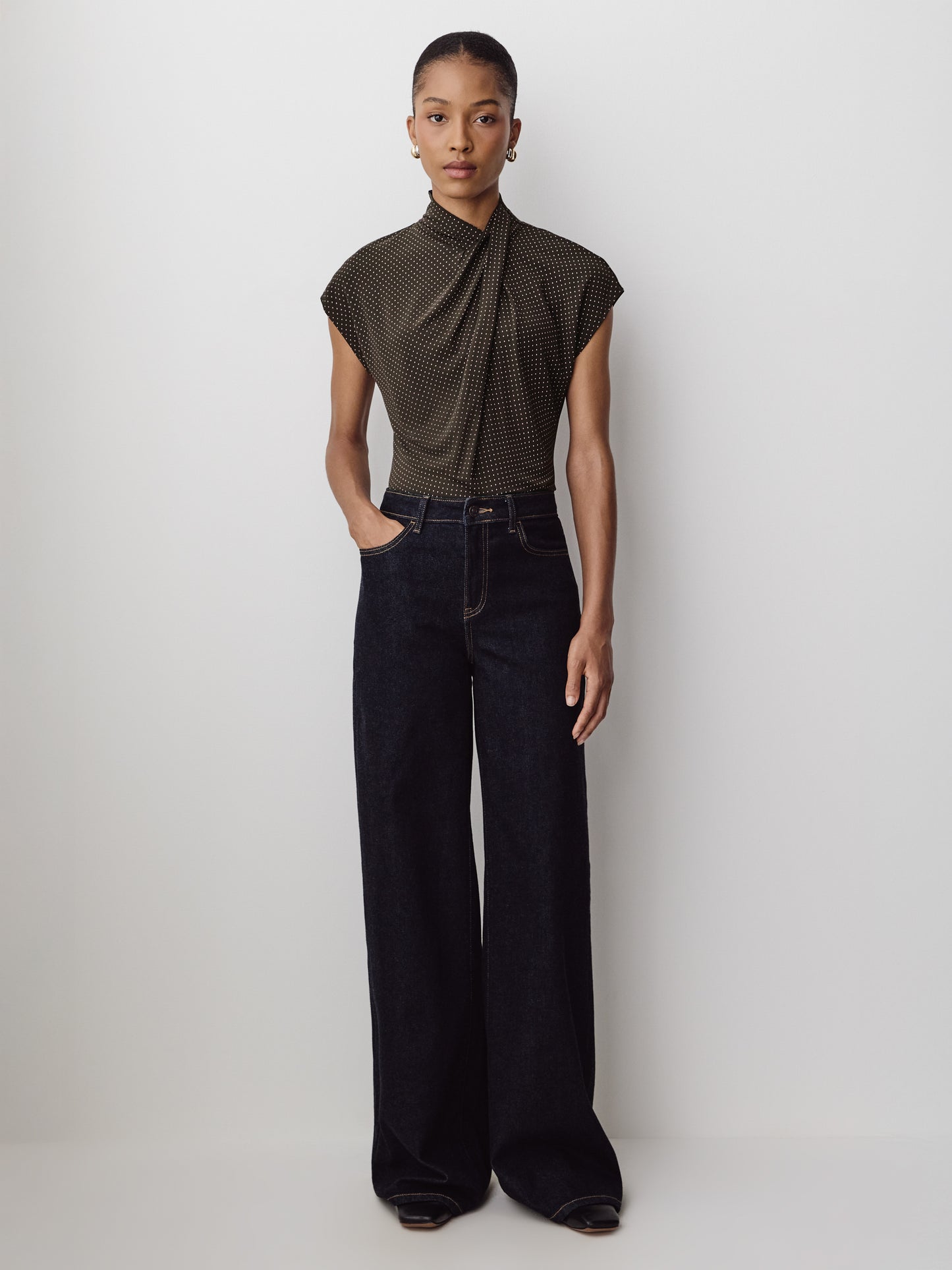 Extended-Sleeve Top with Crossover Draped Mock Neckline