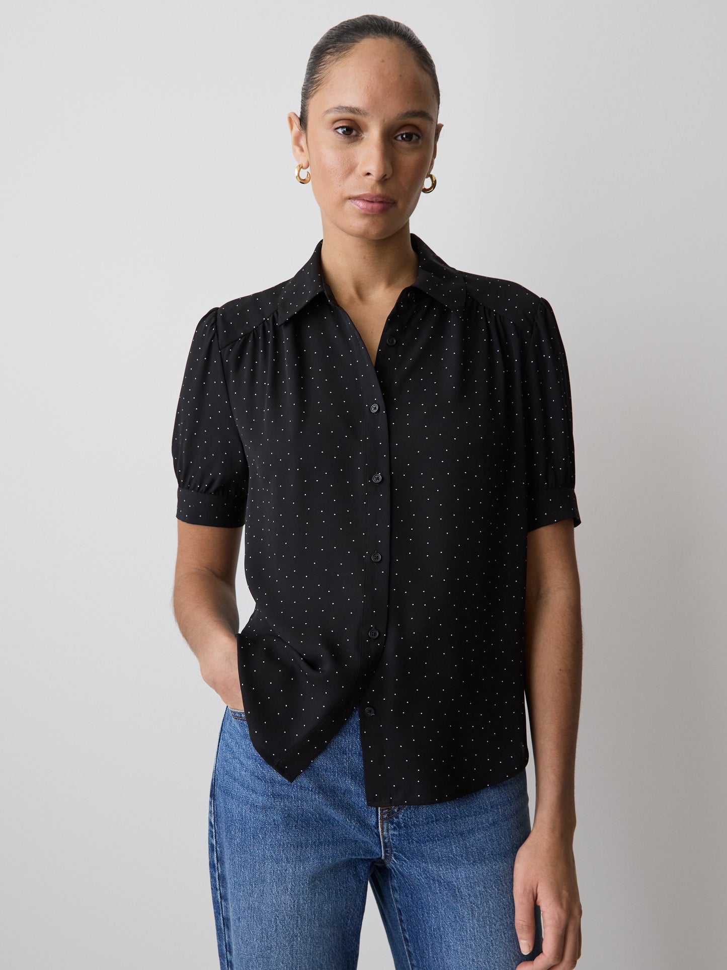 Silky Crepe Short-Sleeve Buttoned-Down Blouse