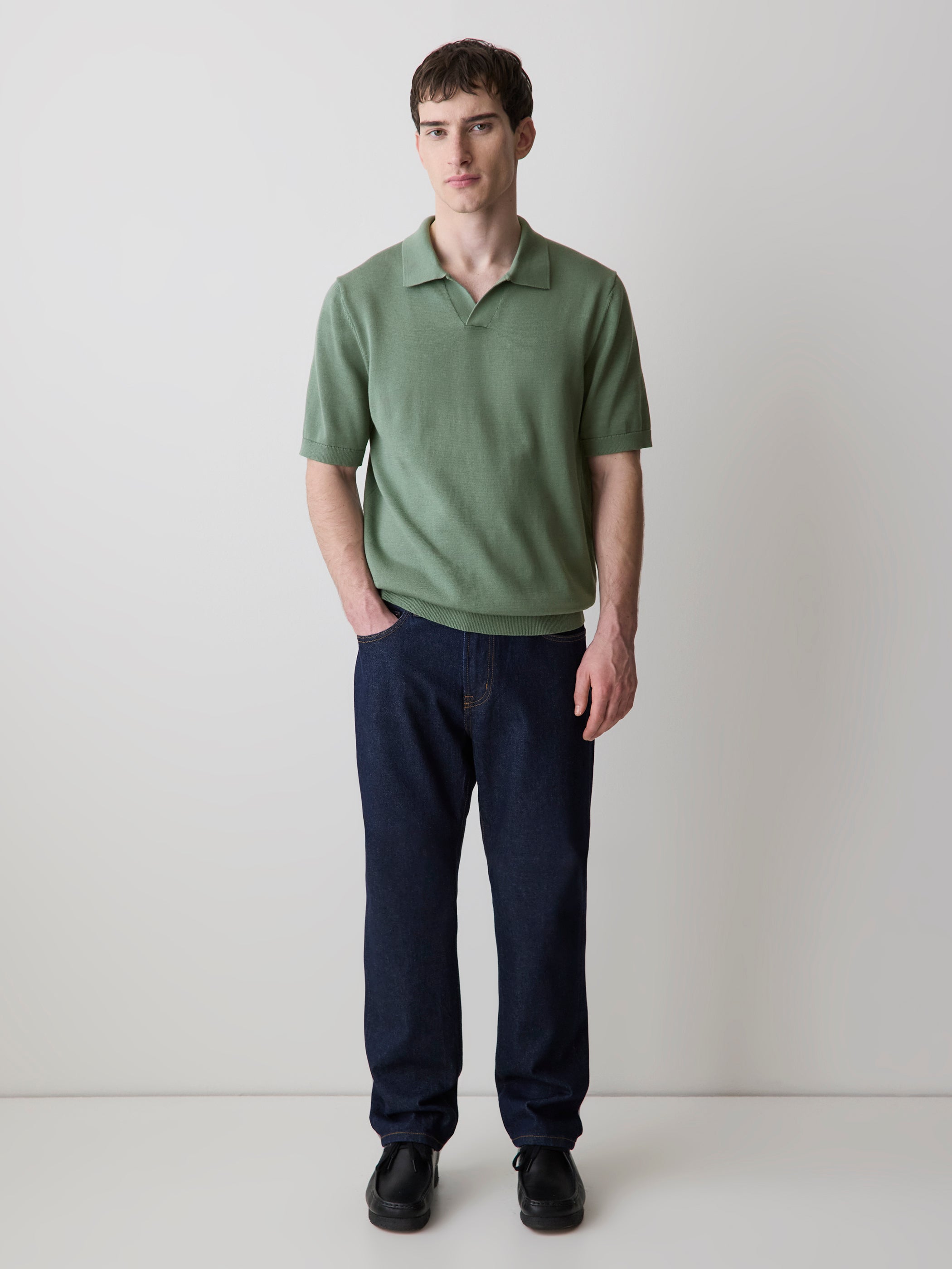 Cotton Short-Sleeve Polo with Johnny Collar