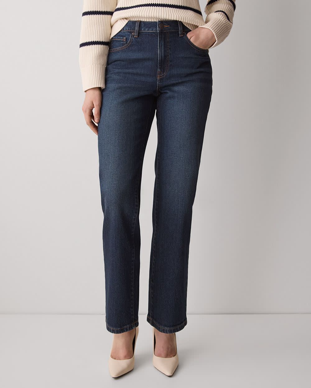 Jeans Long Délavé Moyen à Taille Haute et Jambe Droite