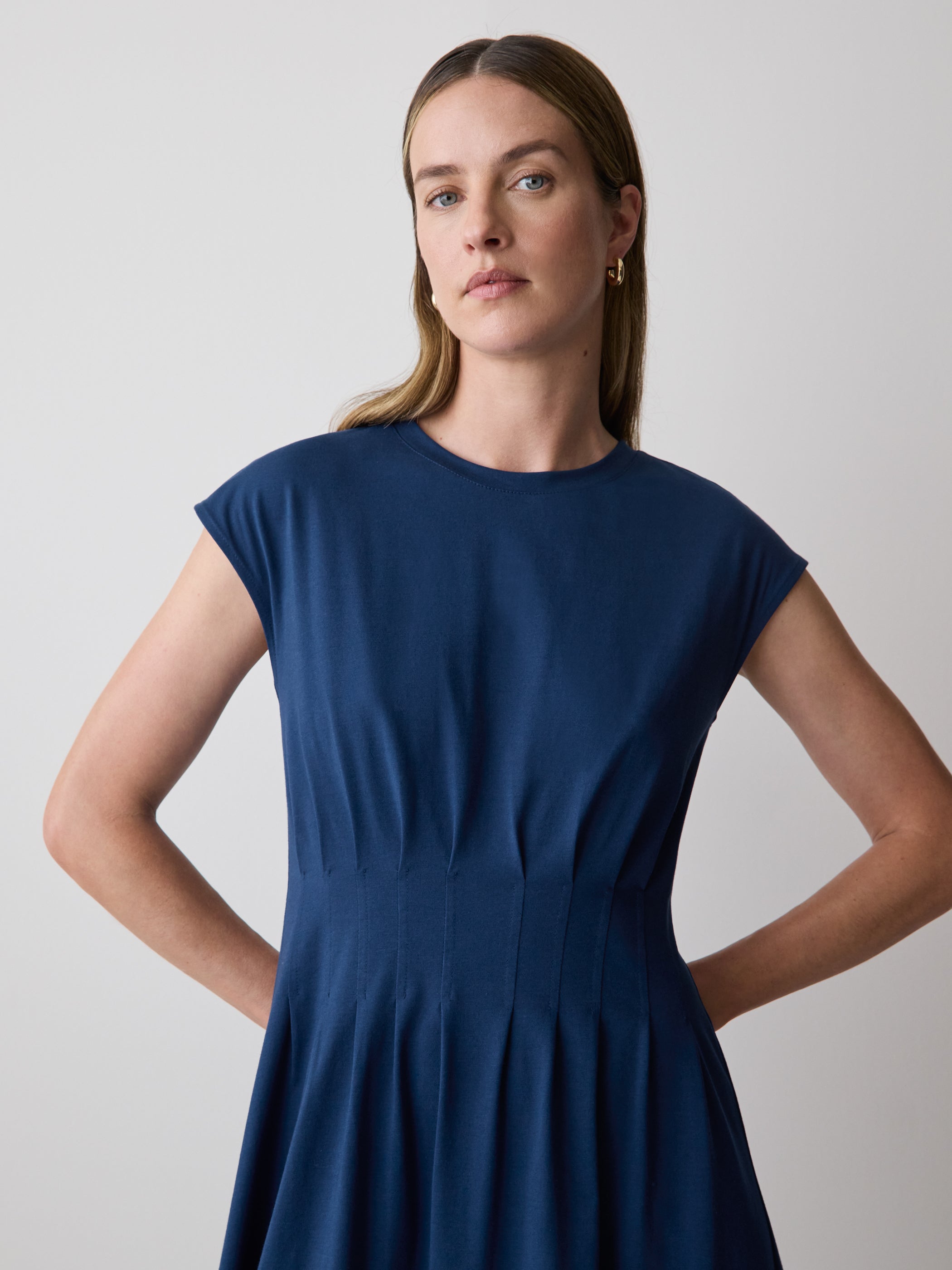 Extended-Sleeve Crew-Neck Midi Dress with Pintucks