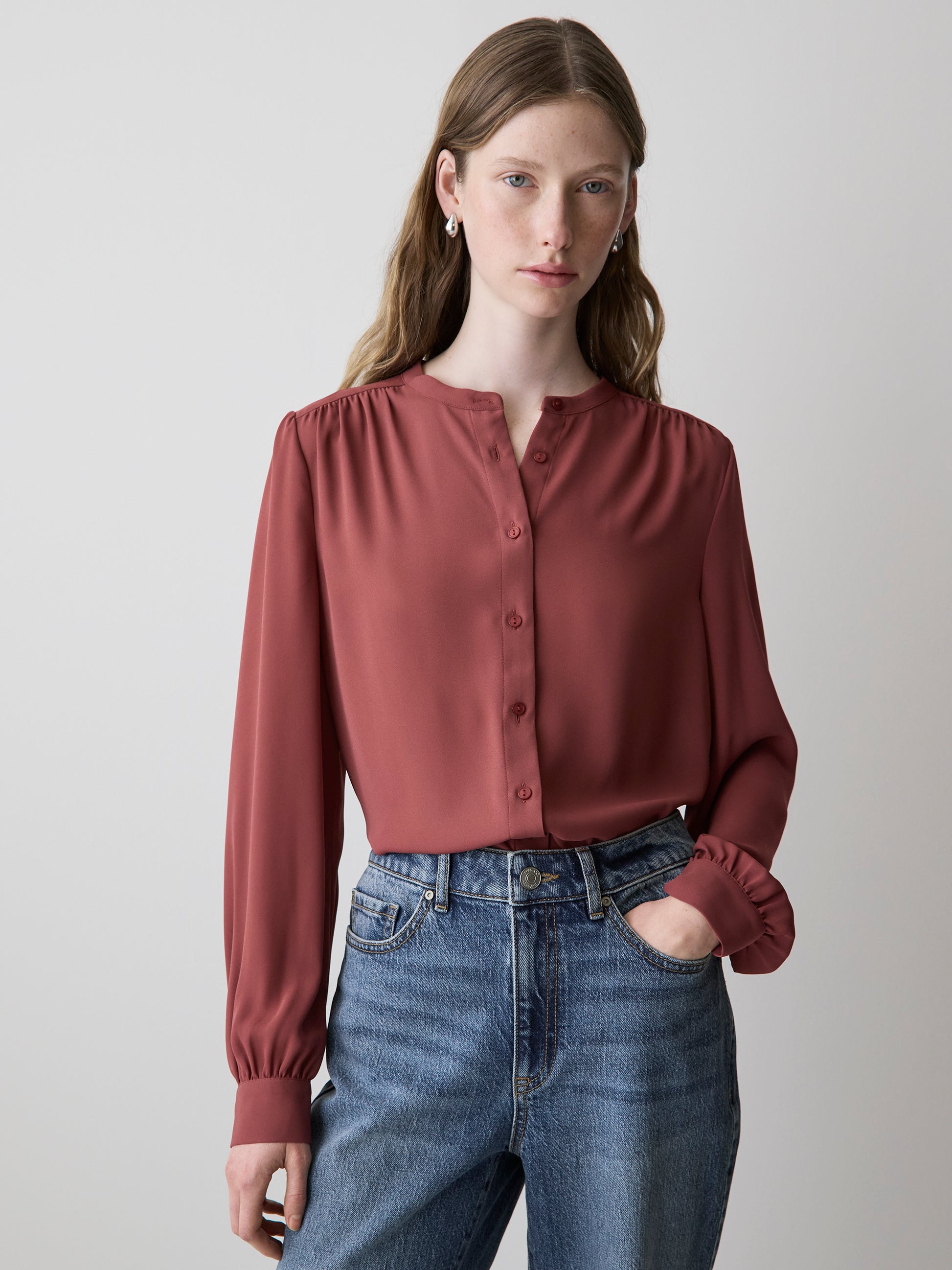 Silky Crepe Long-Sleeve Buttoned-Down Blouse
