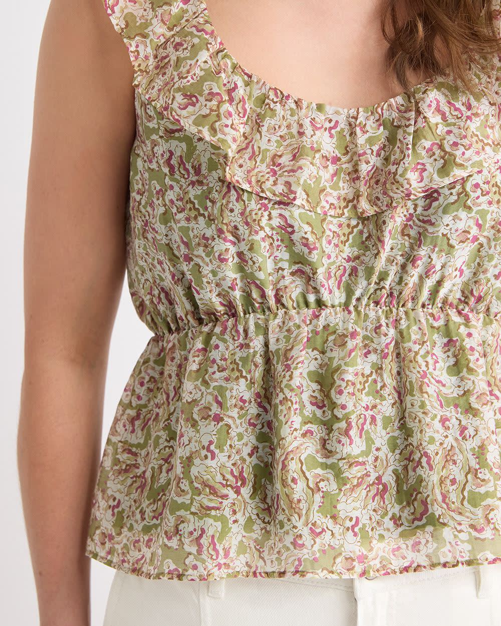 Sleeveless U-Neck Empire-Cut Blouse with Ruffles