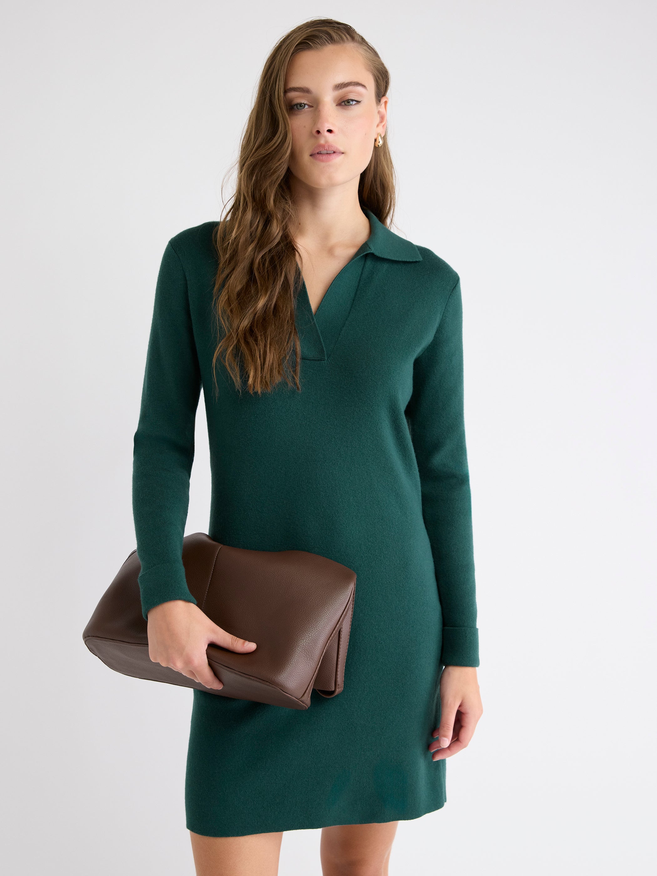 Mini-Robe en Tricot à Manches Longues et Col Johnny