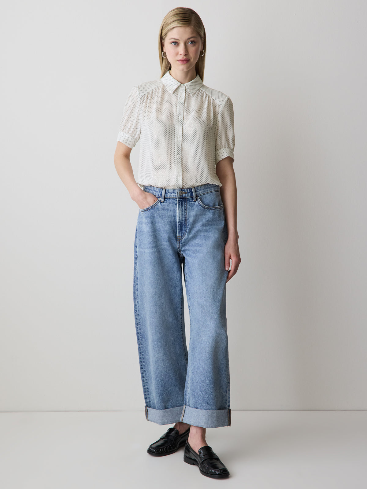 Silky Crepe Short-Sleeve Buttoned-Down Blouse