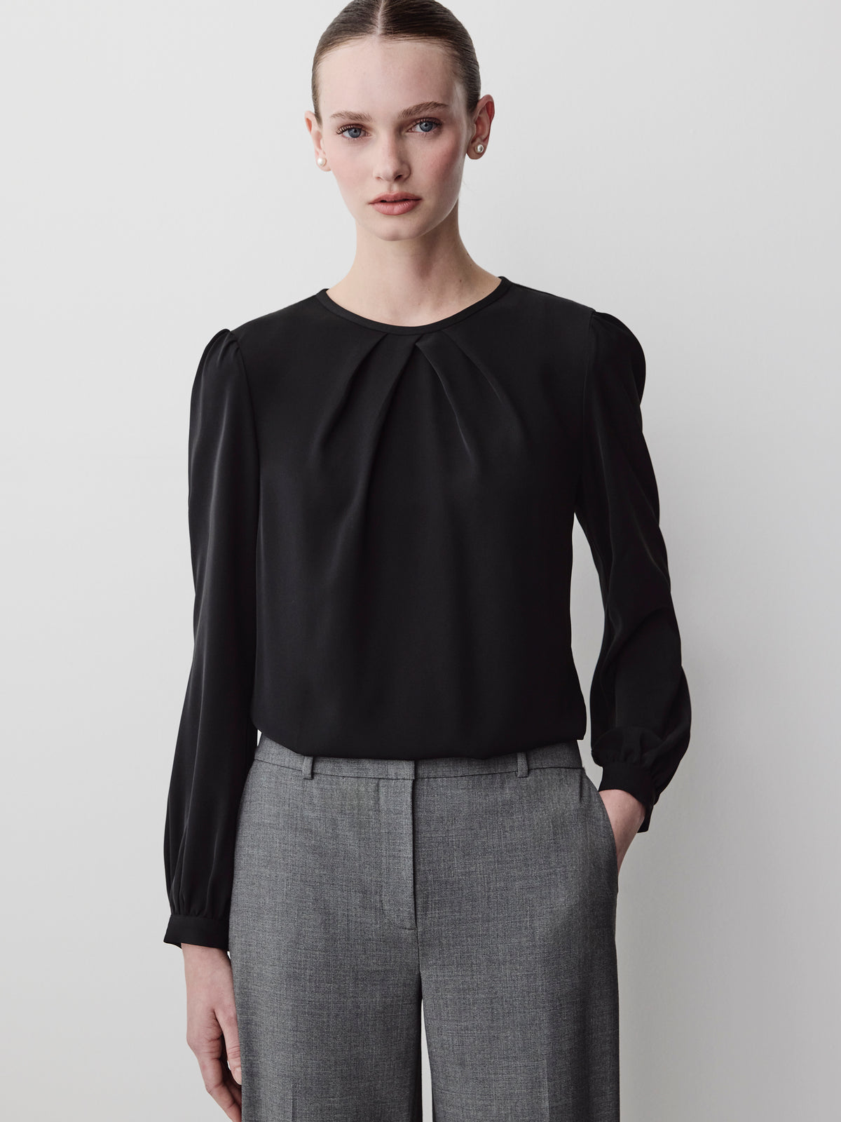 Woven Popover Blouse, Luxe Crepe, Long Sleeve