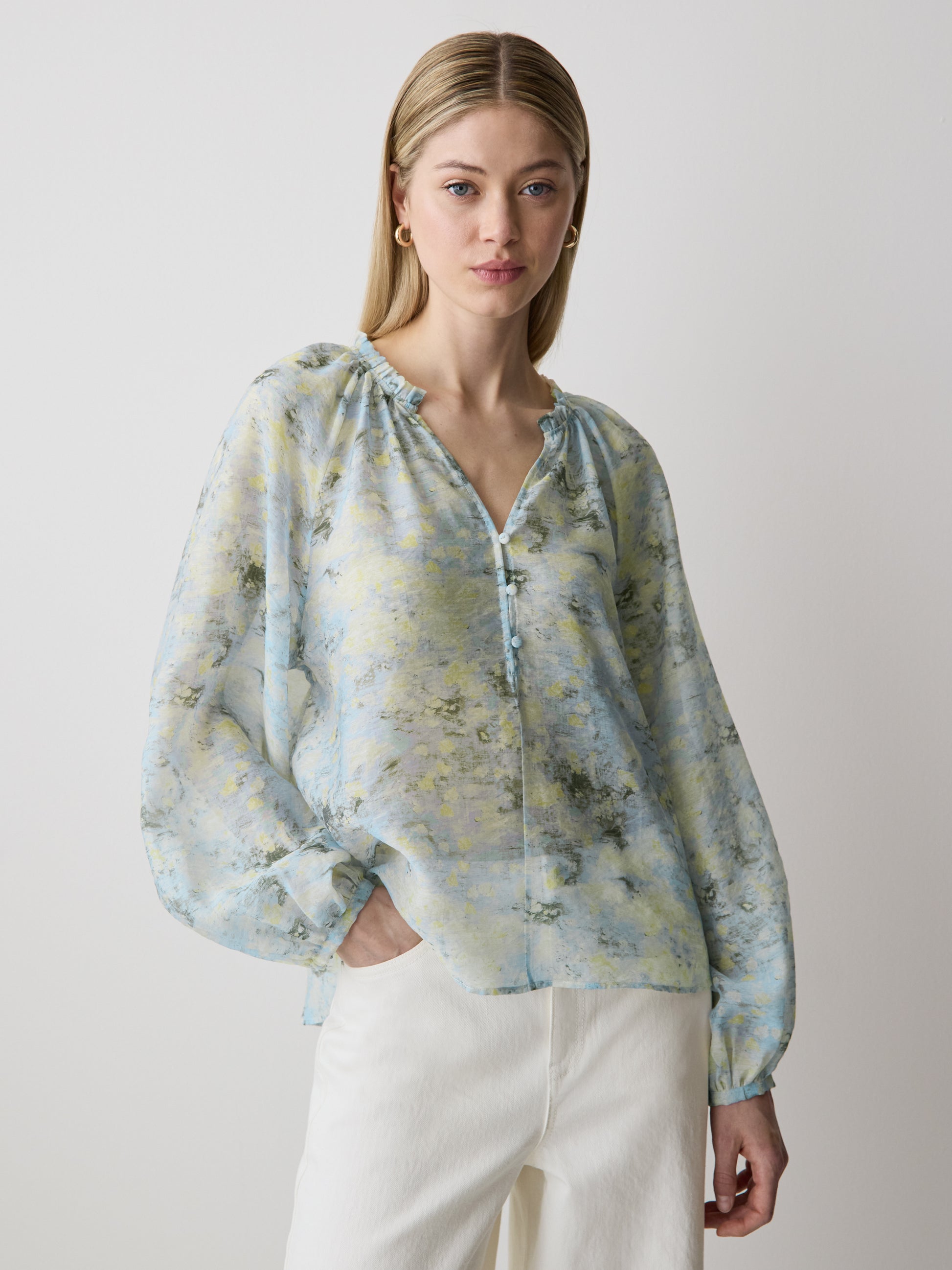 Woven Lyocell Voile Puff Sleeve Blouse