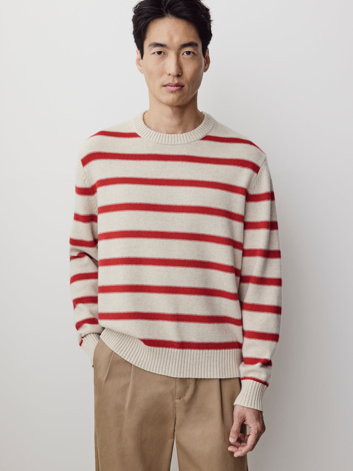 Mens Lambswool Crew Neck Knit Sweater with Stripe