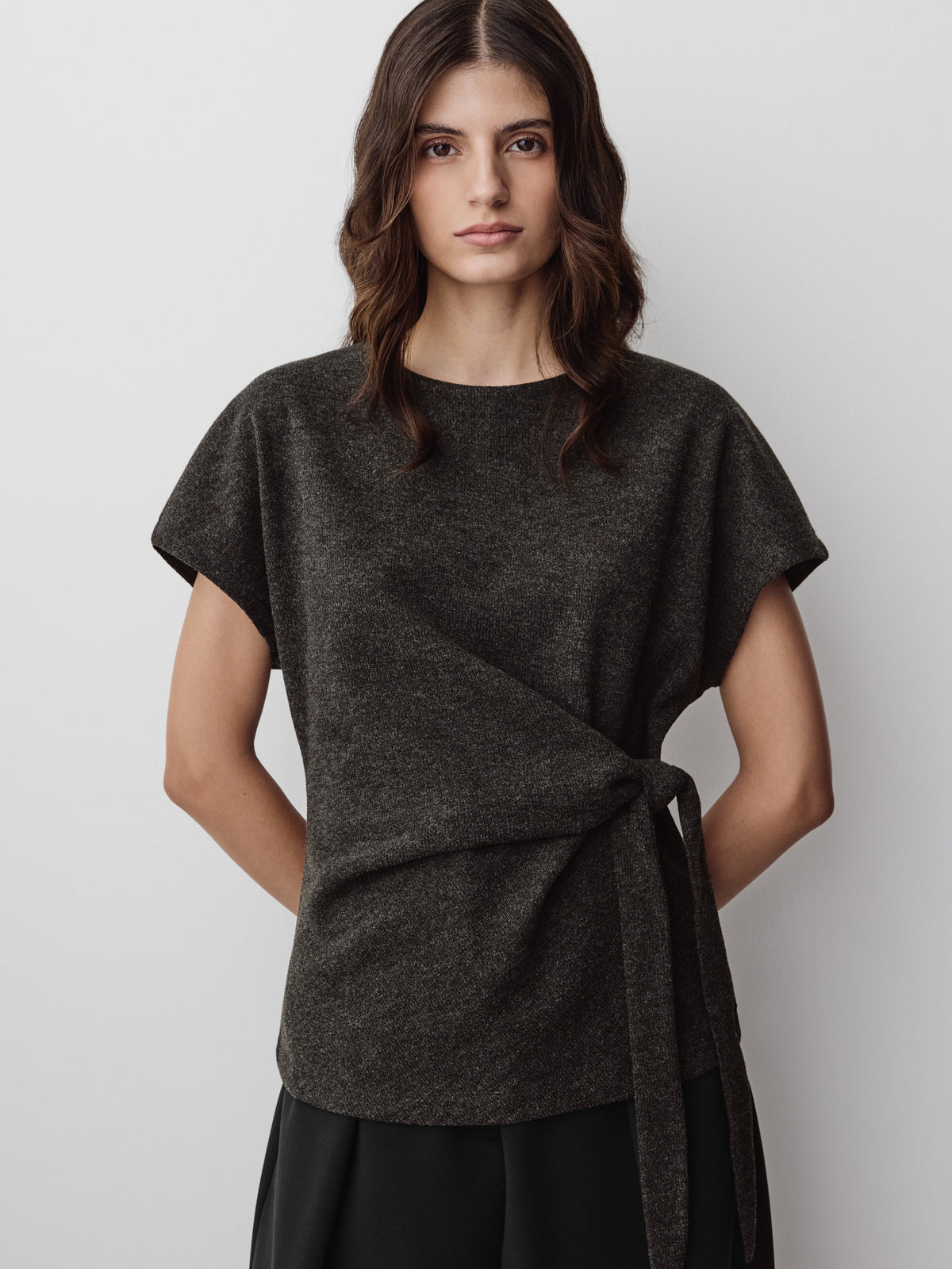 Short-Sleeve Top with Knot Detail at Waist