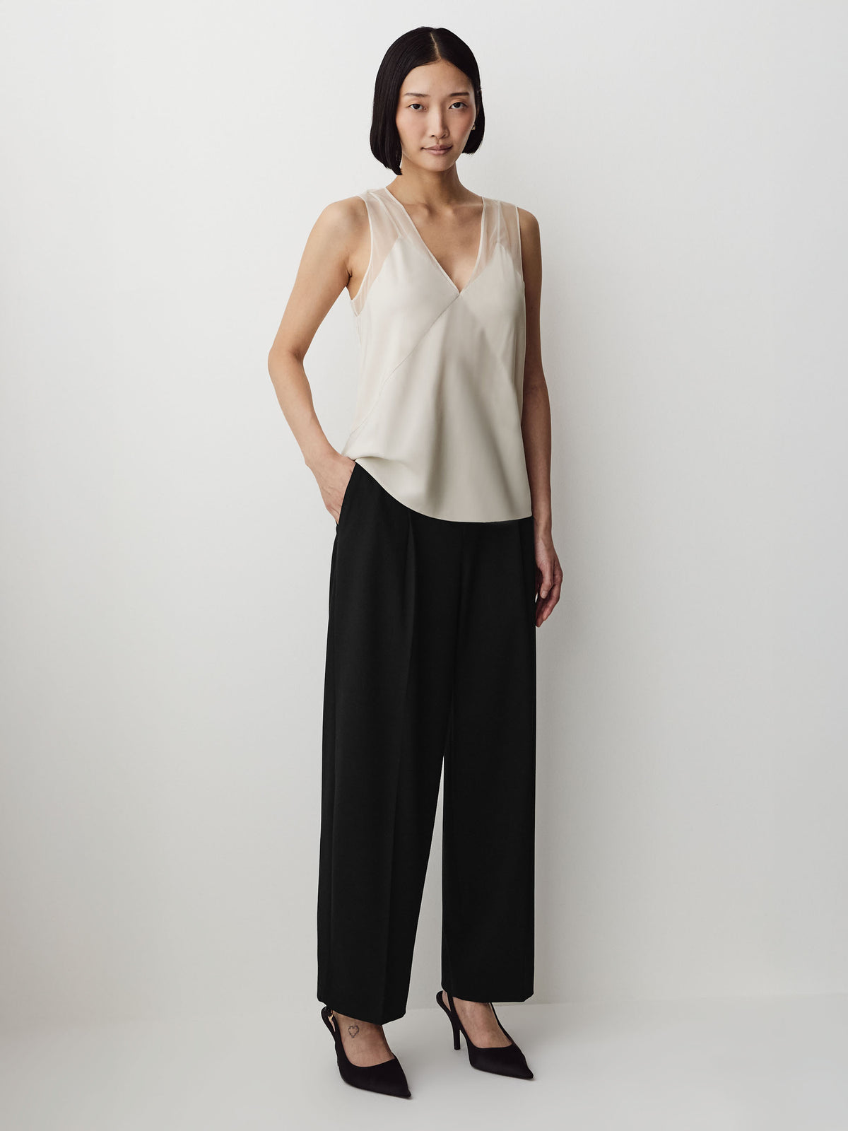 Sleeveless V-Neck Blouse with Sheer Straps