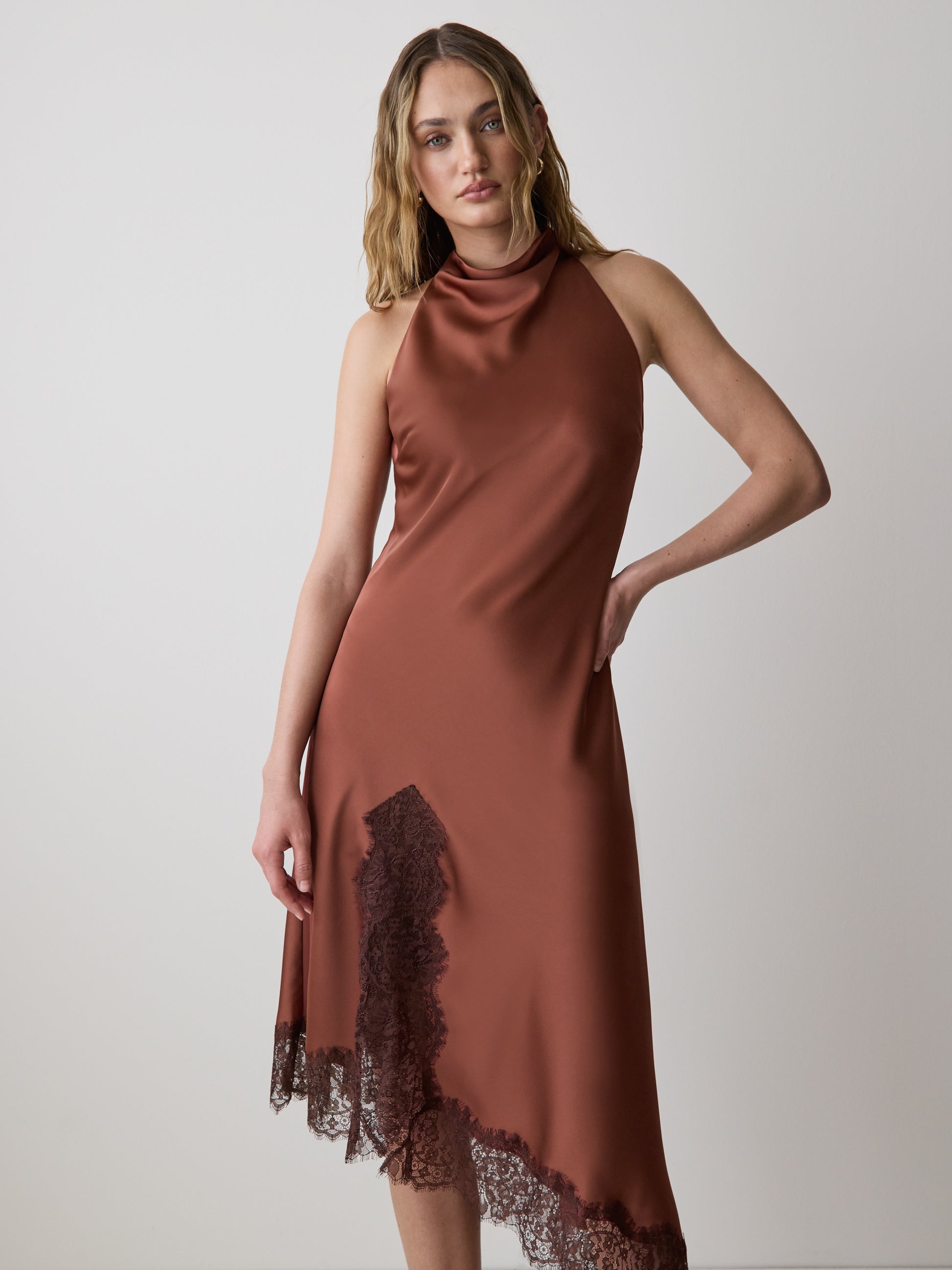 Sleeveless Cowl-Neck Dress with Asymmetrical Hem