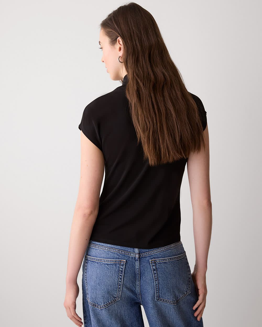 Extended-Sleeve Top with Crossover Draped Mock Neckline