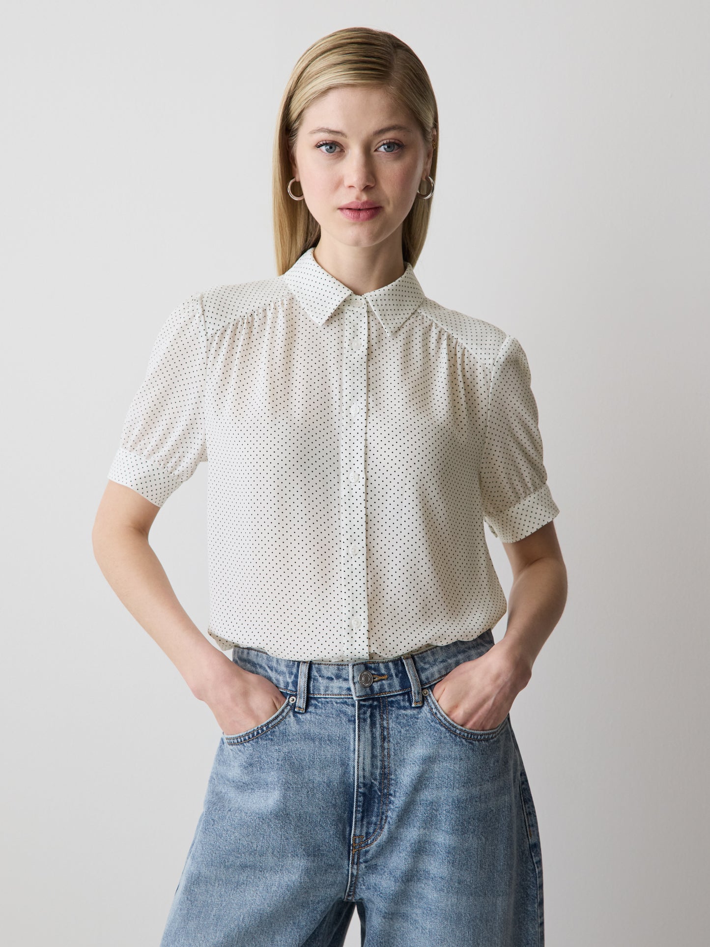Silky Crepe Short-Sleeve Buttoned-Down Blouse