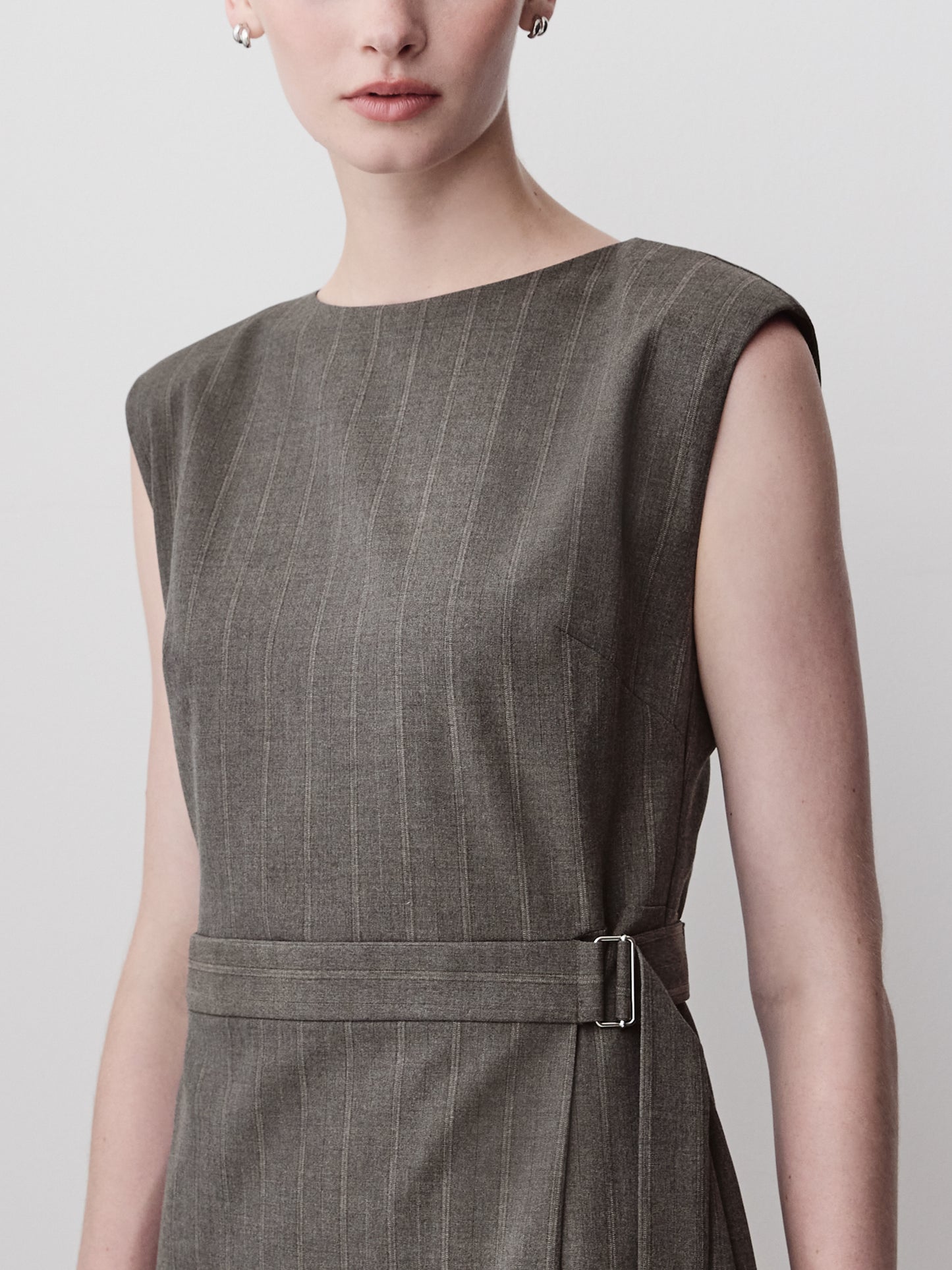 Woven Sleeveless Faux Wrap Dress with Stripes