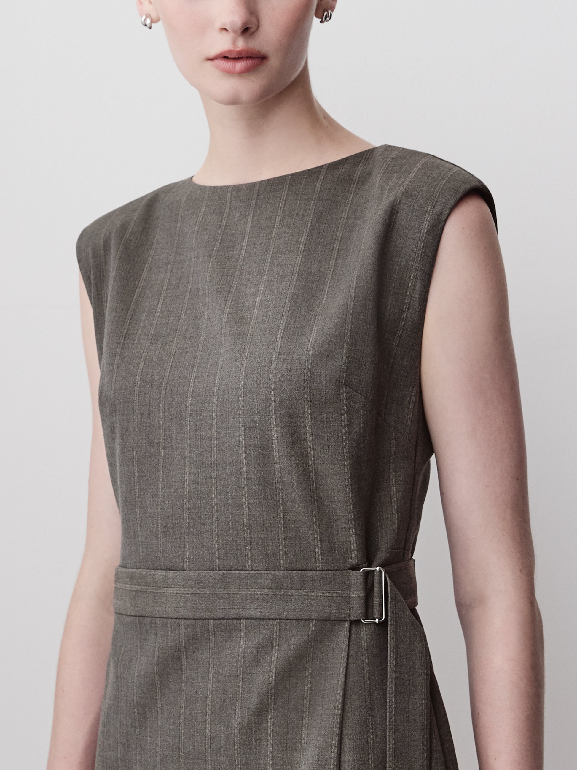 Woven Sleeveless Faux Wrap Dress with Stripes