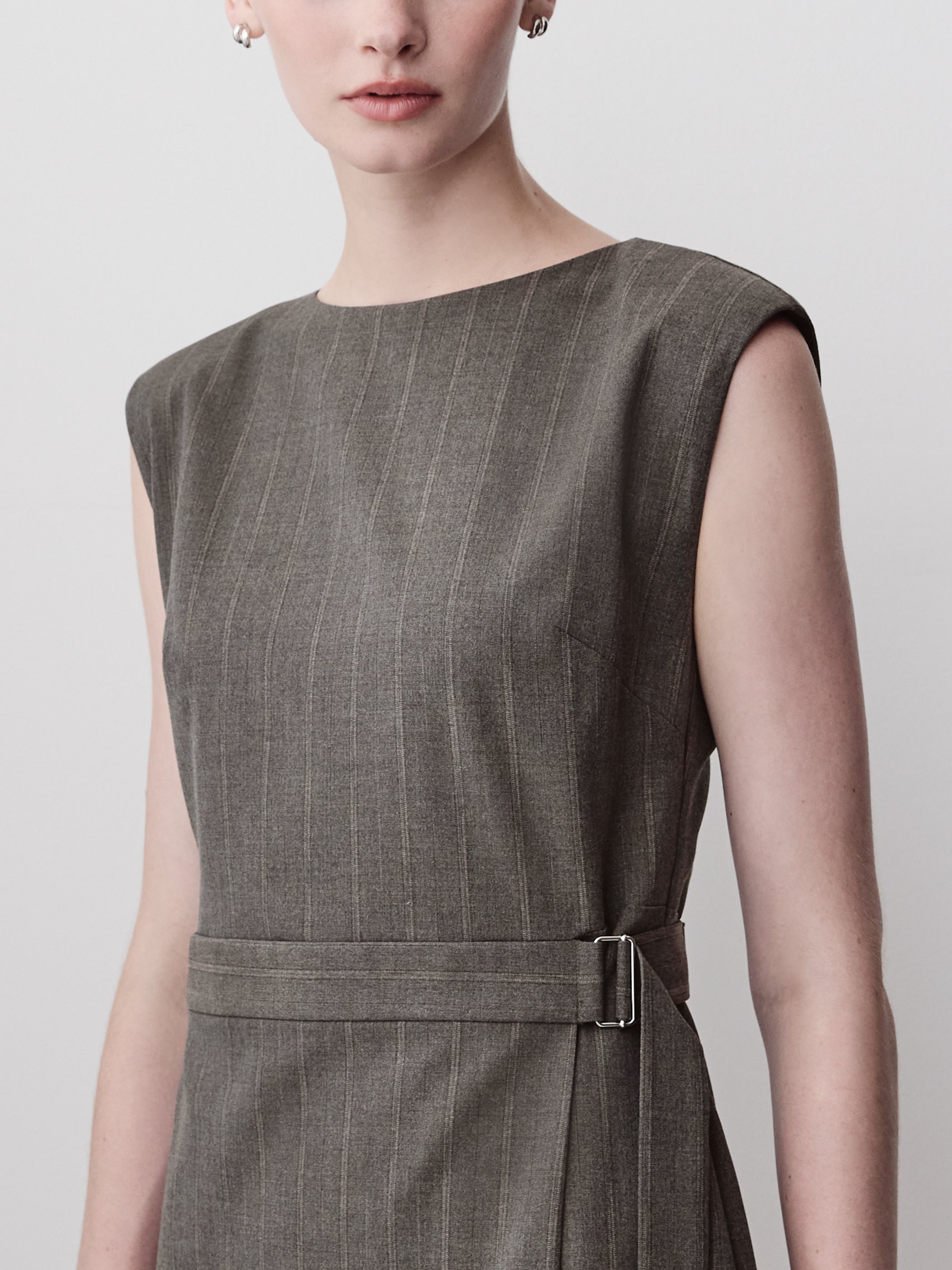 Woven Sleeveless Faux Wrap Dress with Stripes