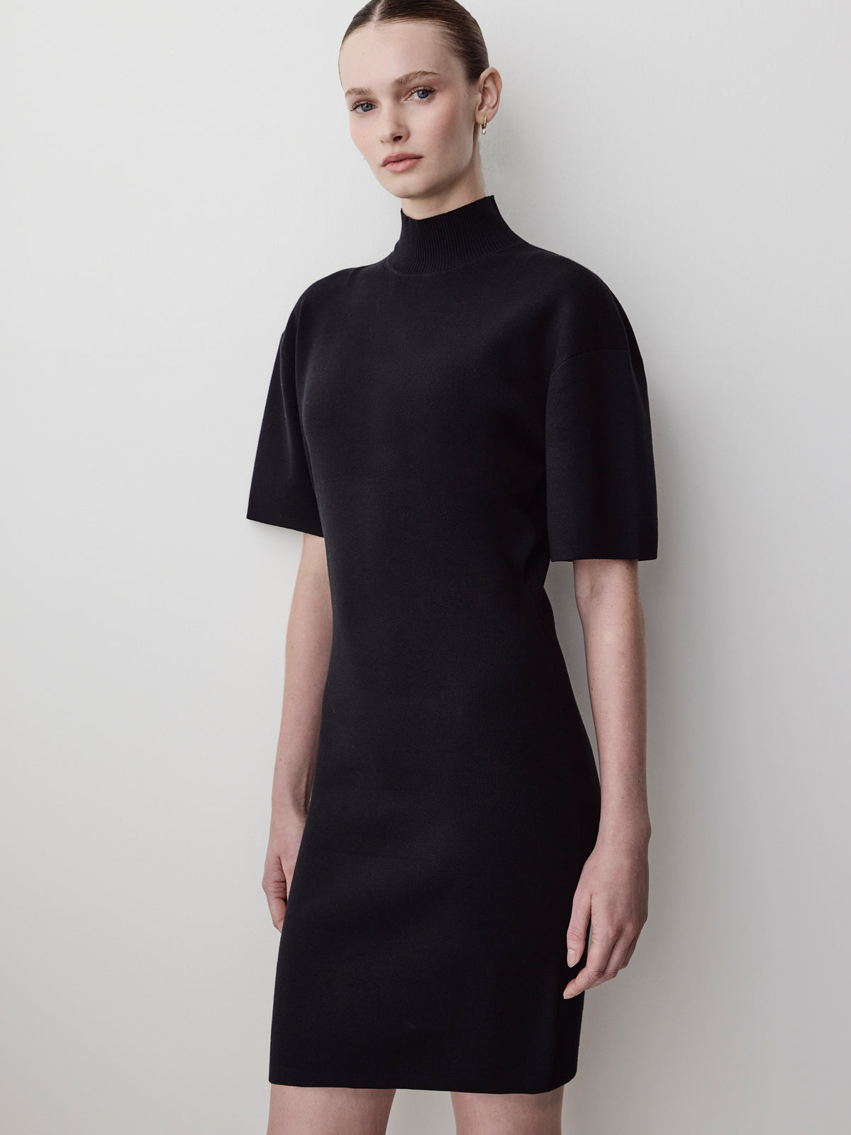 Short-Sleeve Mock-Neck Mini Sweater Dress