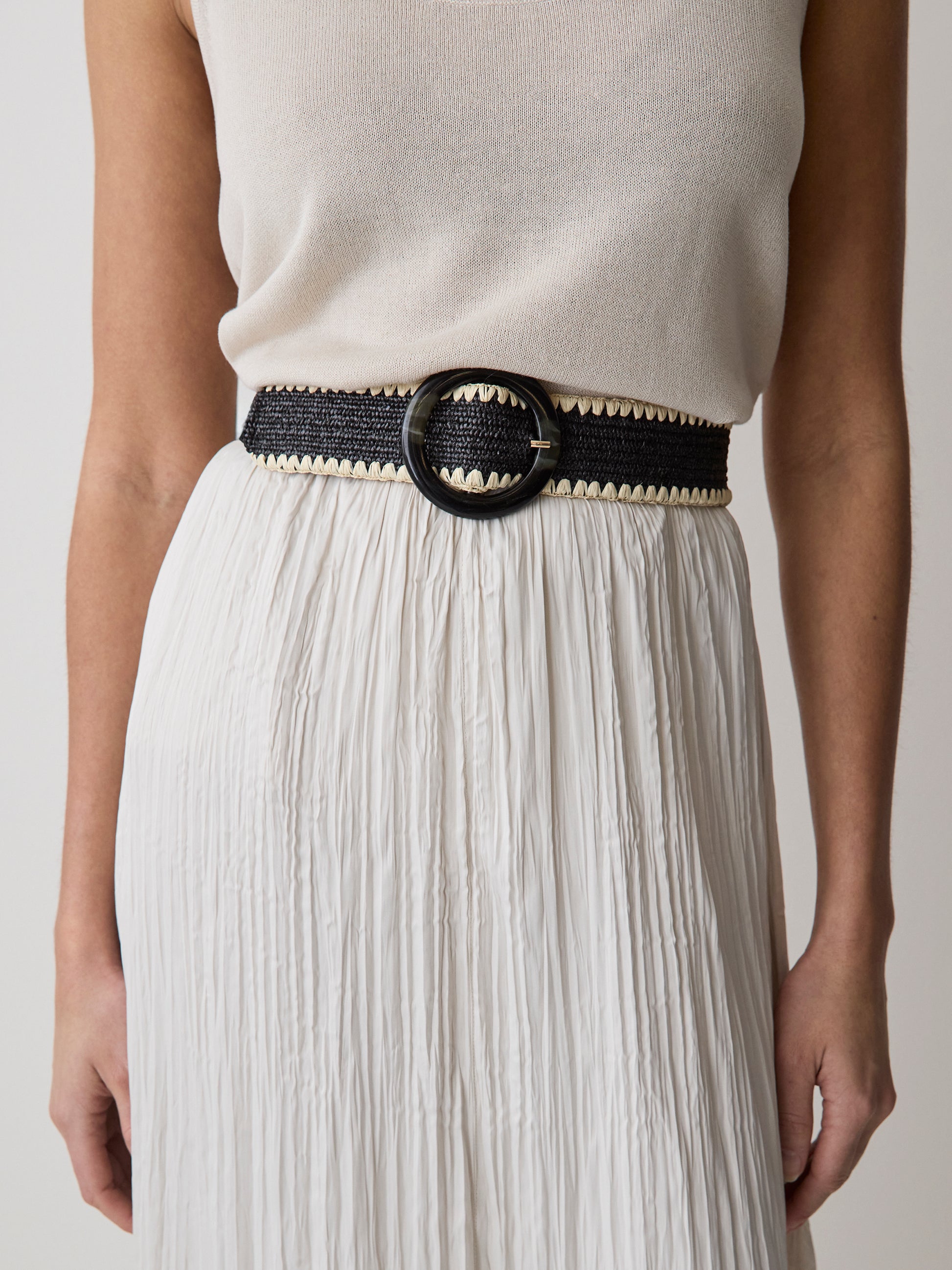 Black and Beige Raffia Belt with Round Buckle