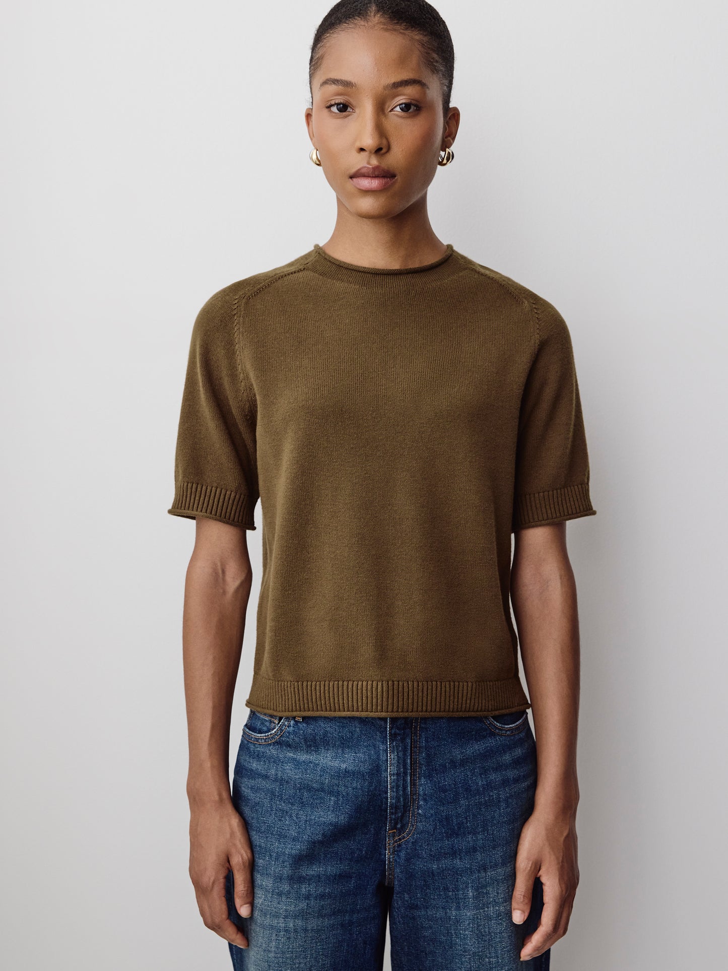 Knit Cotton Blend Funnel Neck Sweater
