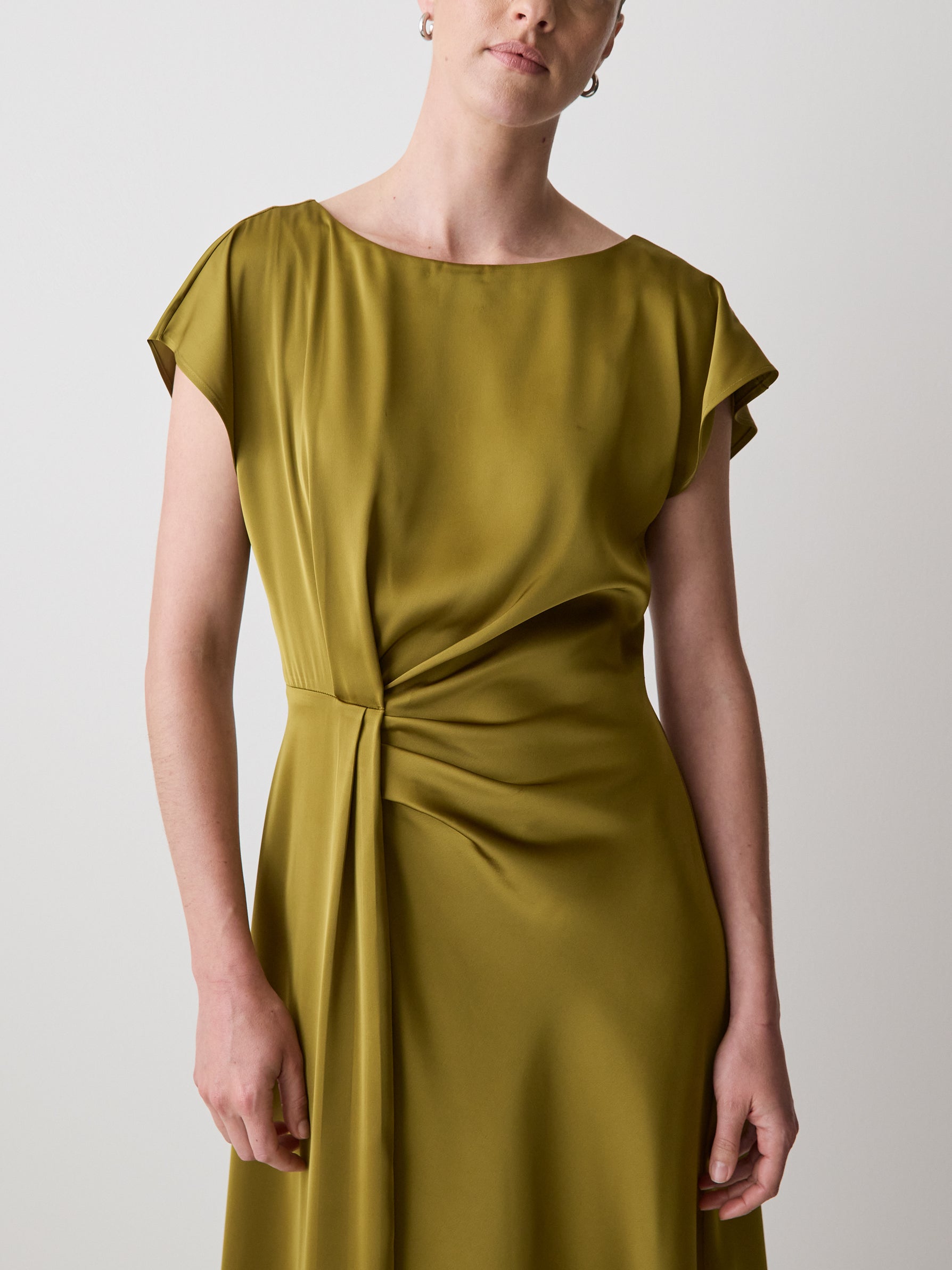 Short-Sleeve Cocktail Midi Dress with Draped Detail