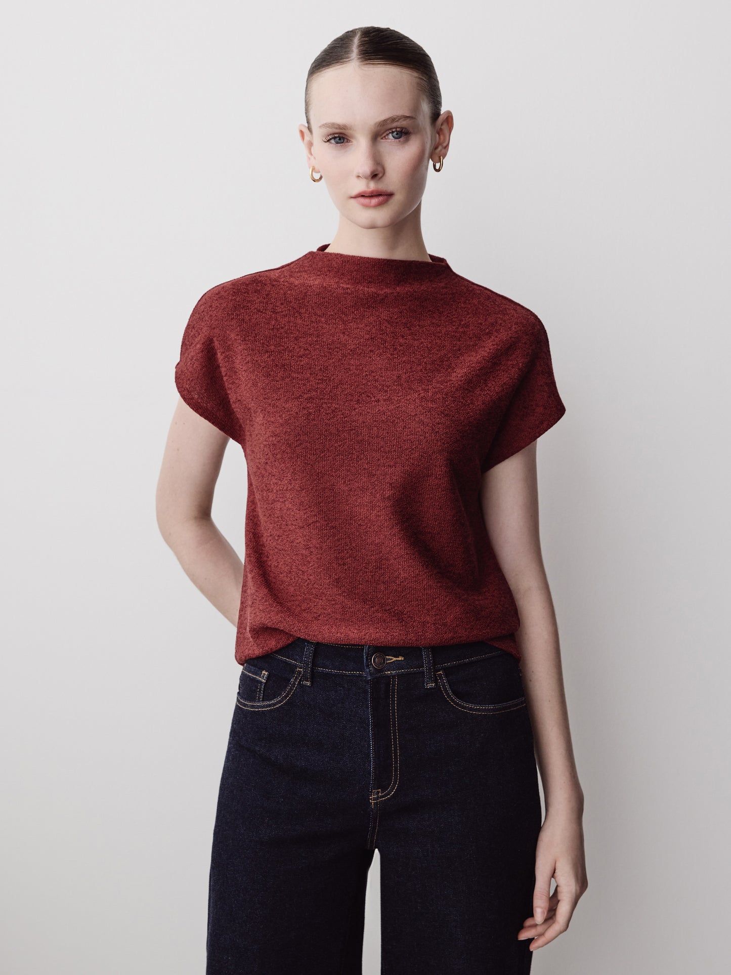 Extended-Sleeve Mock-Neck Textured Top