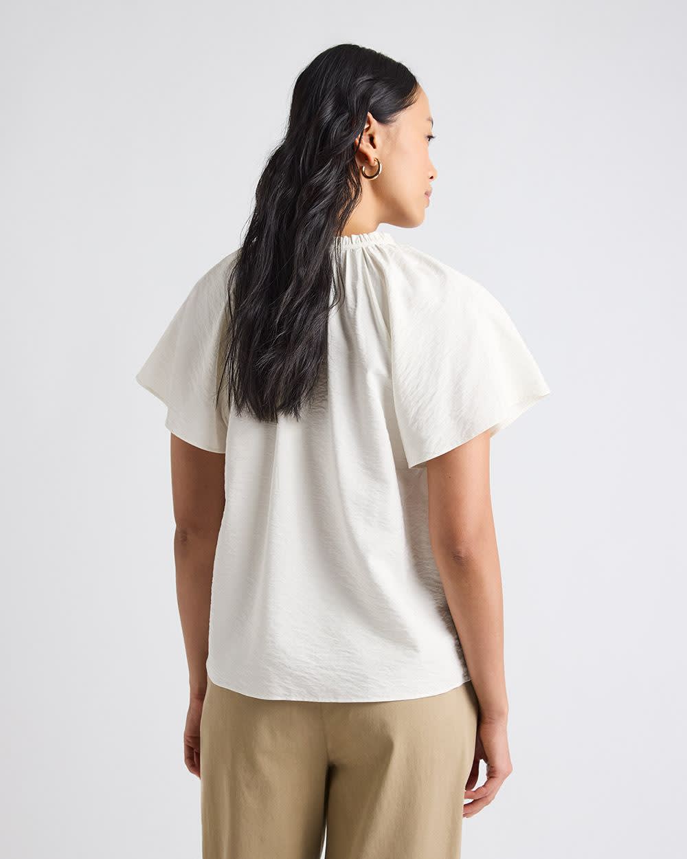 Split-Neck Blouse with Short Flutter Sleeves