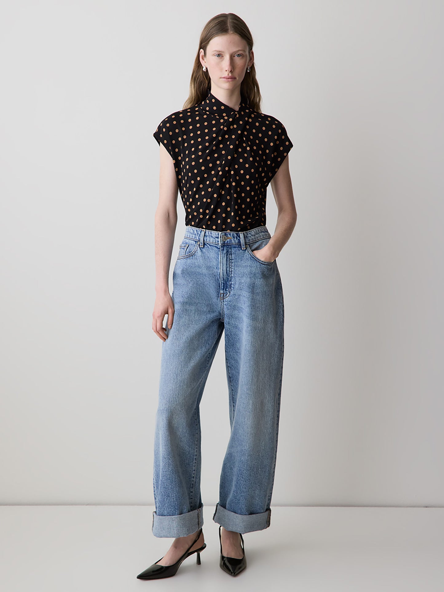 Extended-Sleeve Top with Crossover Draped Mock Neckline