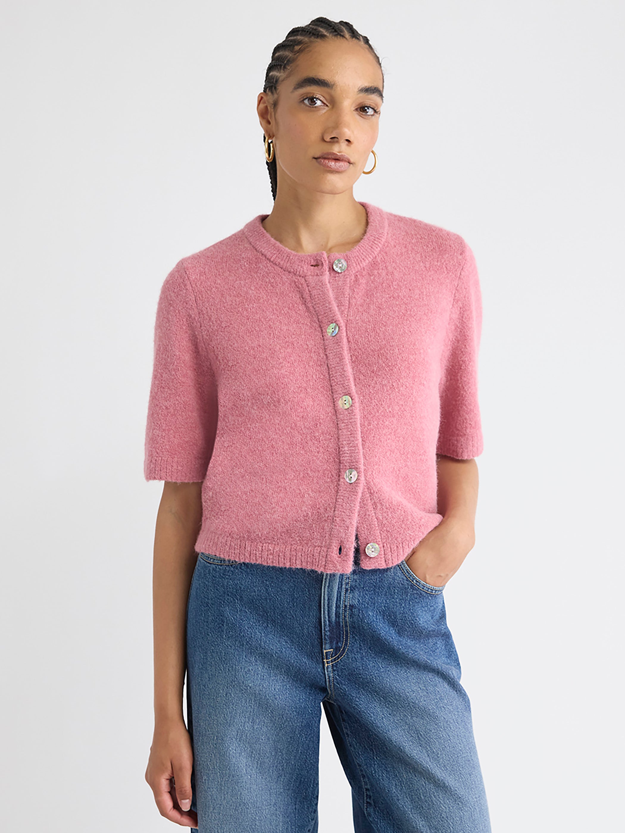 Cardigan en Laine à Manches aux Coudes et Col Rond