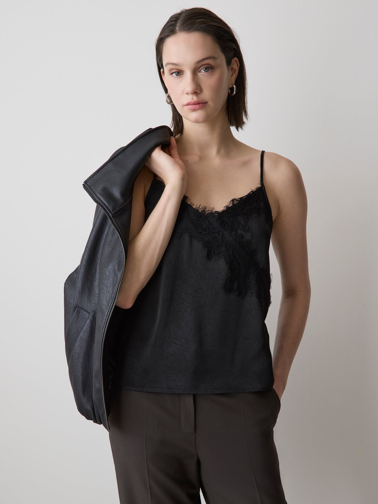 Sleeveless V-Neck Satin Blouse with Lace Trim