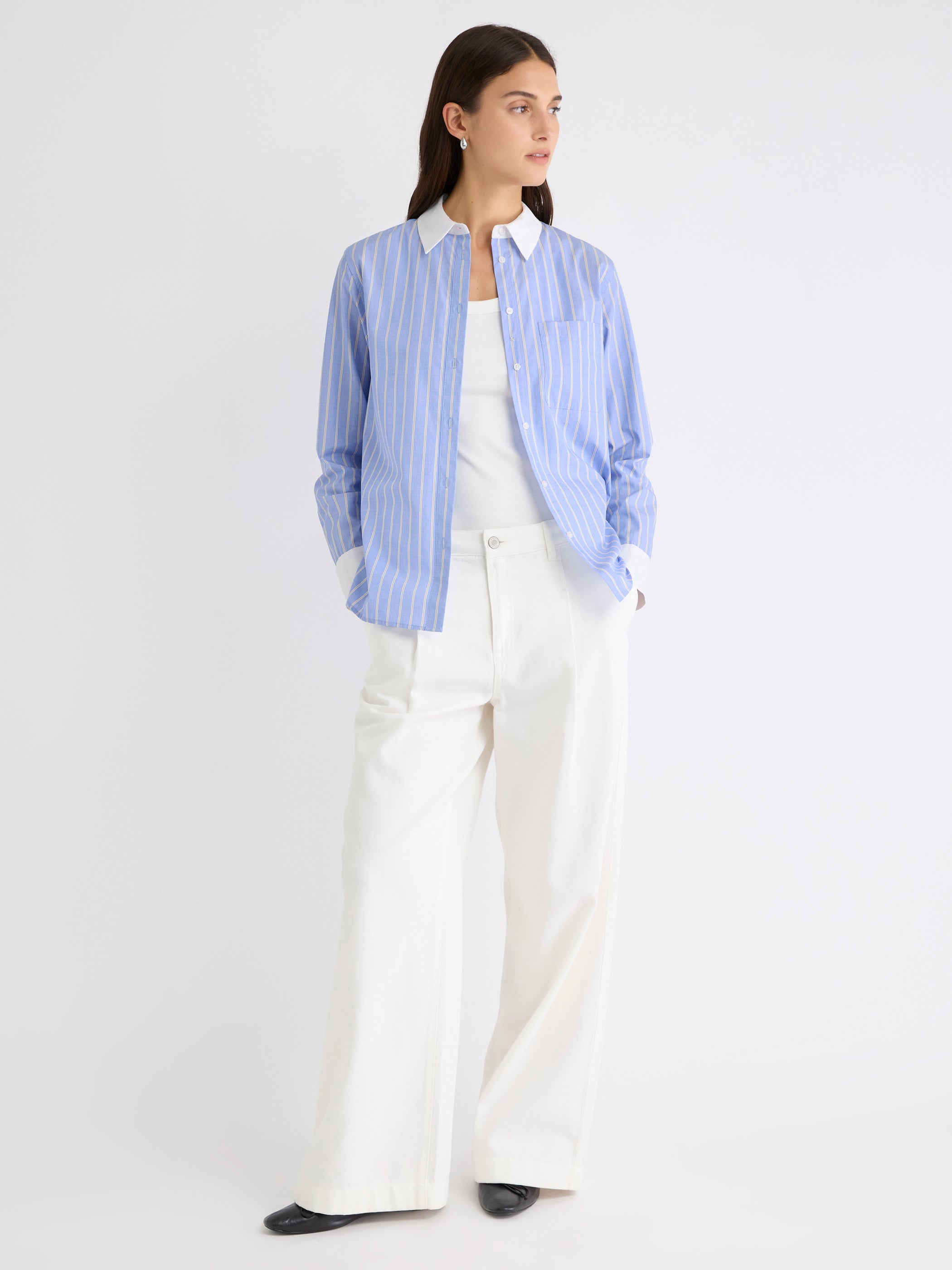 Jeans Crème à Taille Mi-Haute et Jambe Large