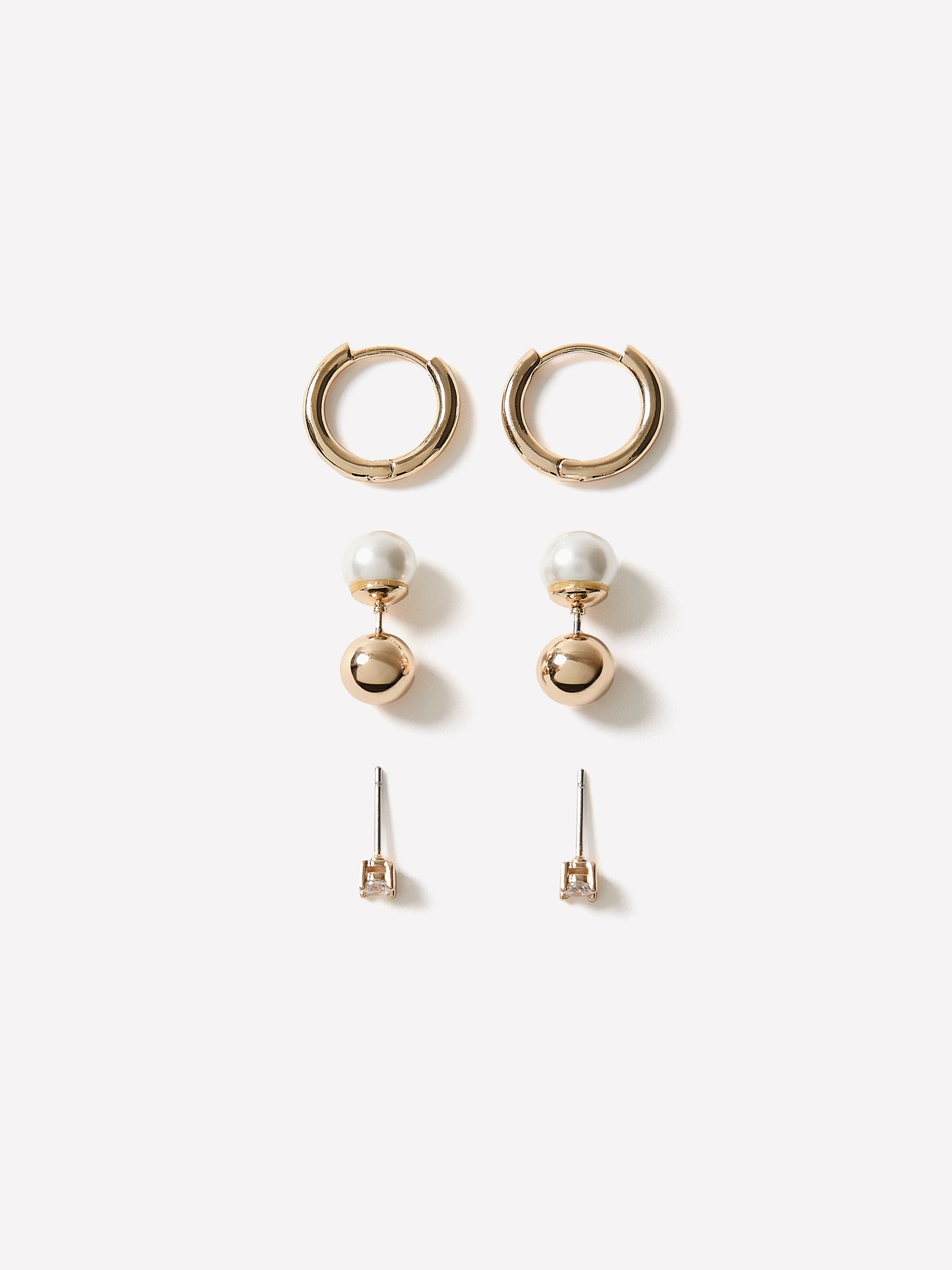 Ladies Metal Earrings Set of 3 Basic Stud and Hoop Styles