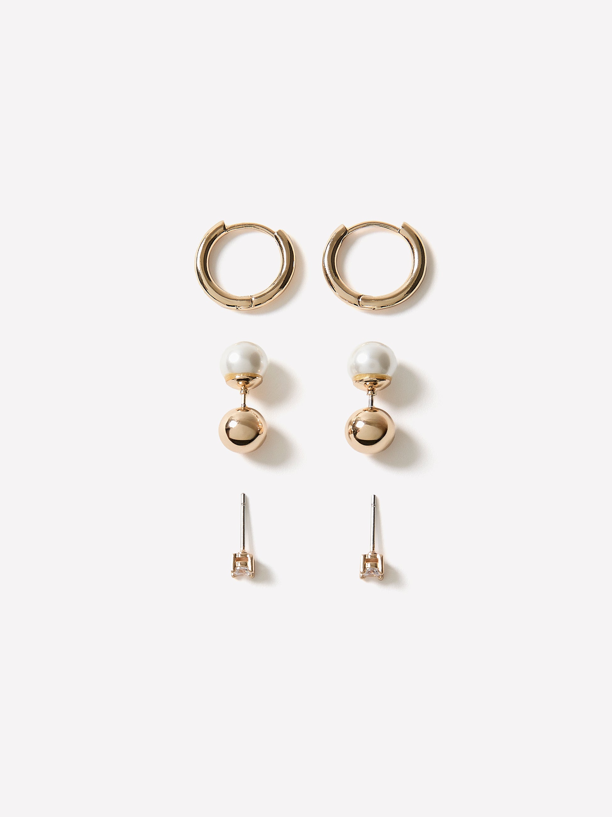 Ladies Metal Earrings Set of 3 Basic Stud and Hoop Styles