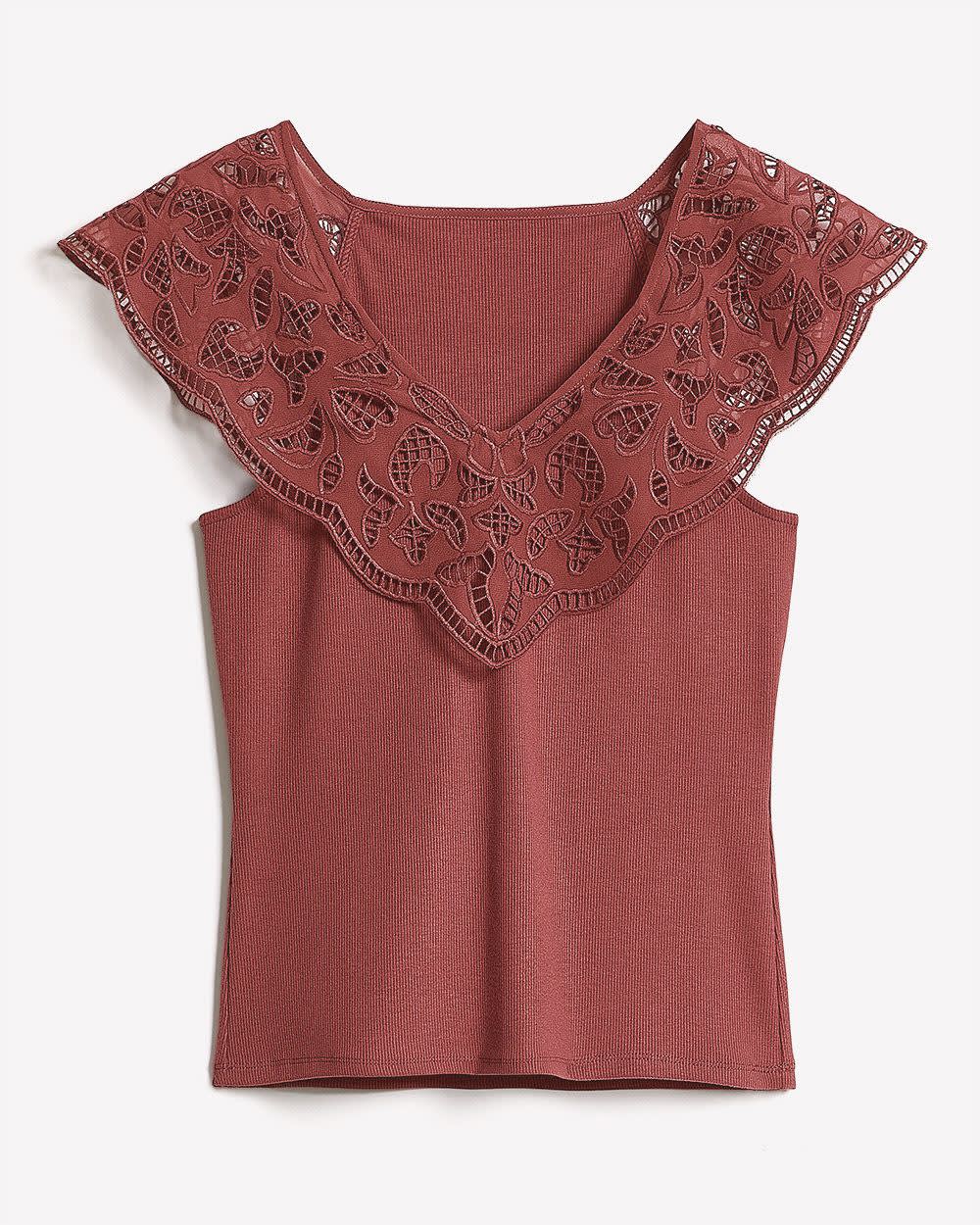 V-Neck Ribbed Top with Short Flutter Sleeves