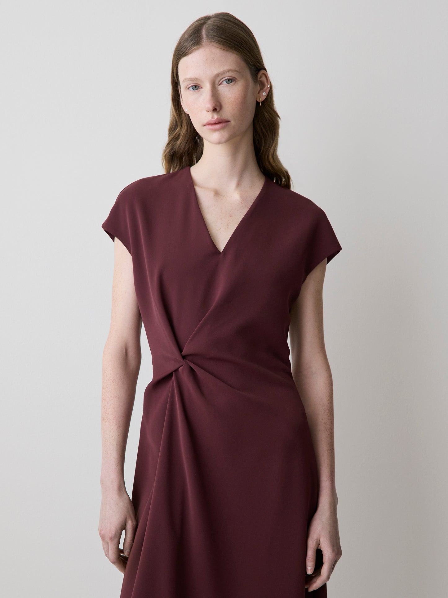 Extended-Sleeve V-Neck Twill Midi Dress