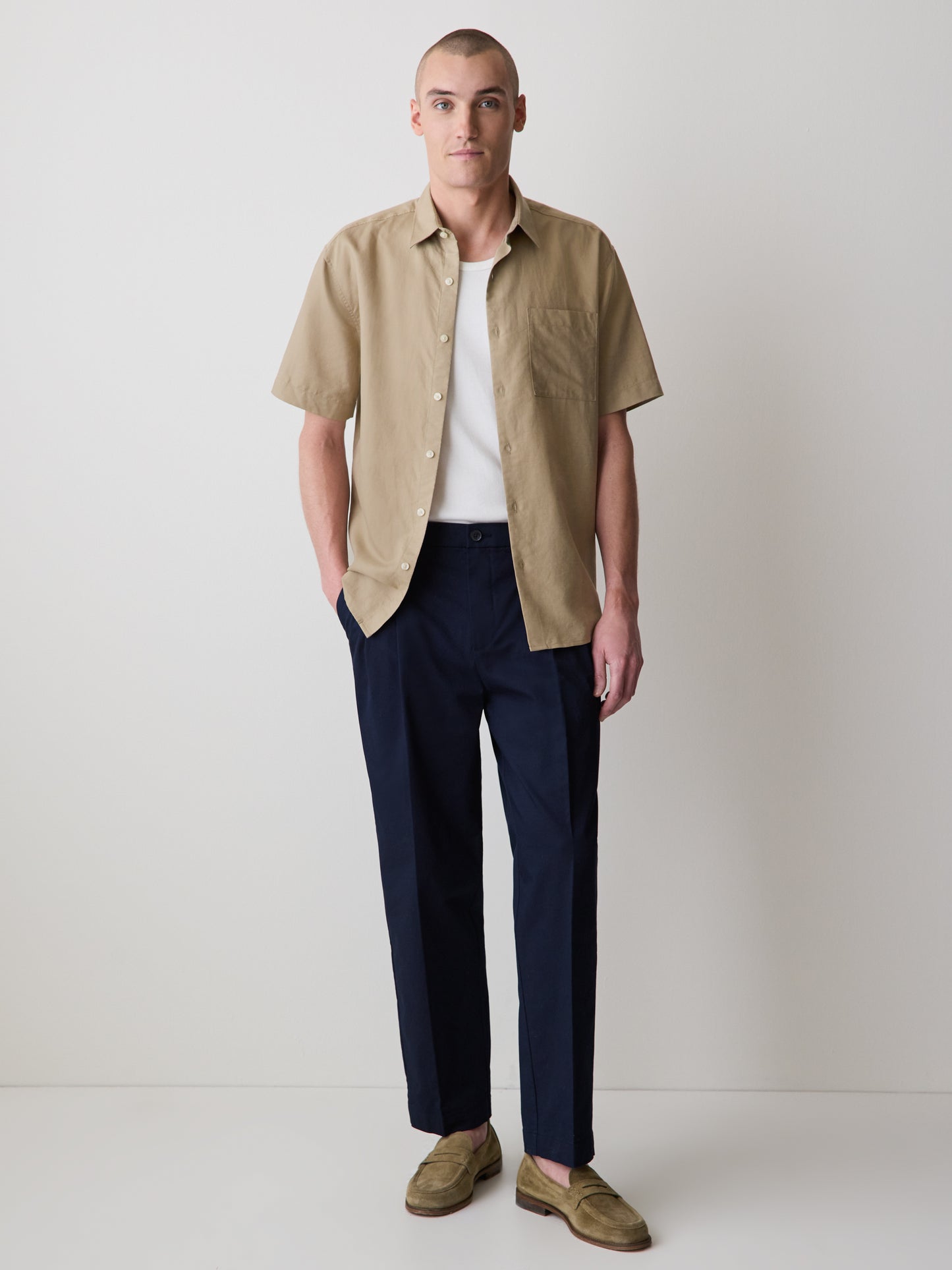 Mens Woven Linen Blend Shirt Regular Fit Short Sleeve