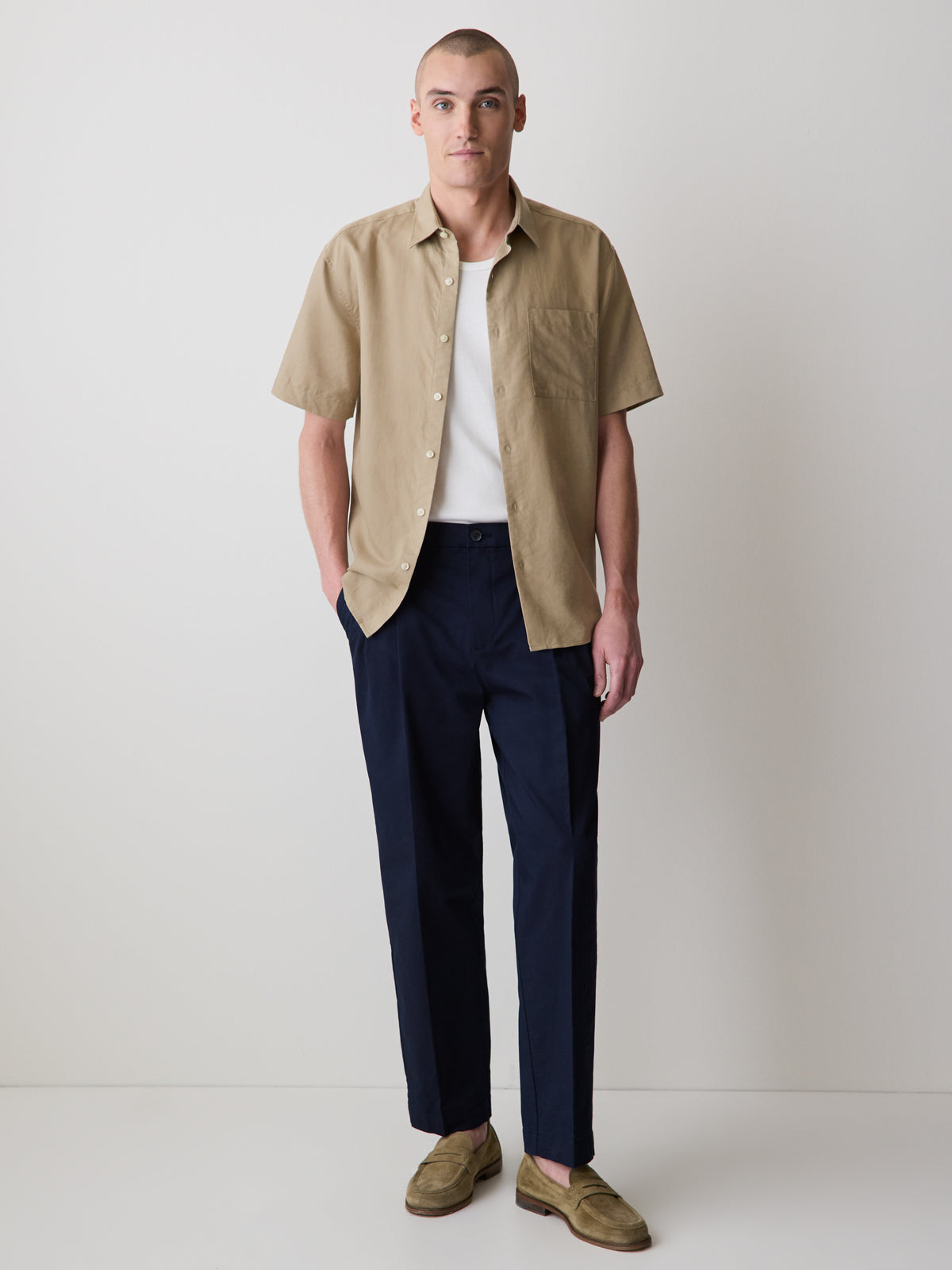 Mens Woven Linen Blend Shirt Regular Fit Short Sleeve