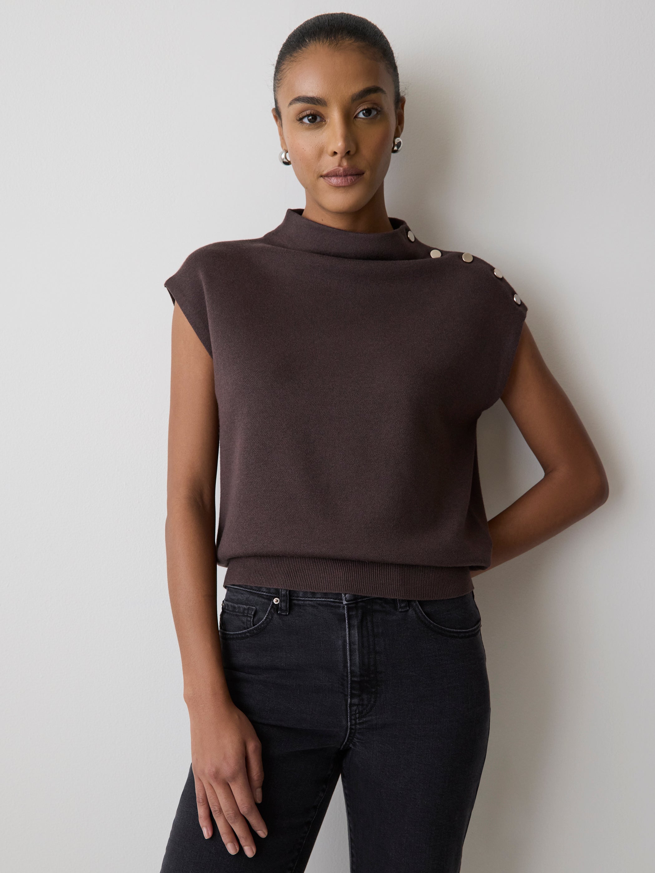 Pull Sans Manches à Col Montant avec Boutons à l'Épaule