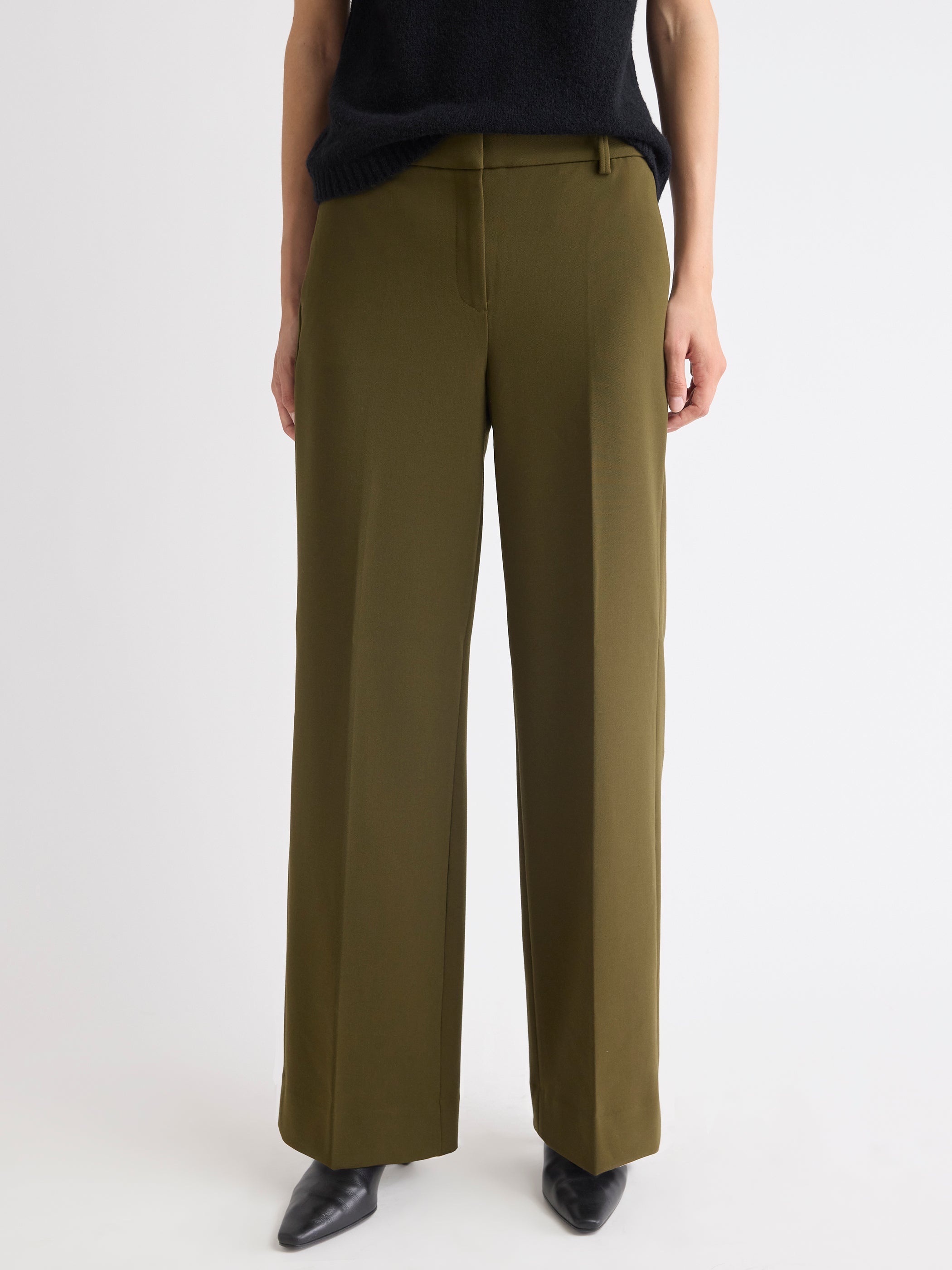 Pantalon en Sergé Épais à Taille Mi-Haute et Jambe Large 