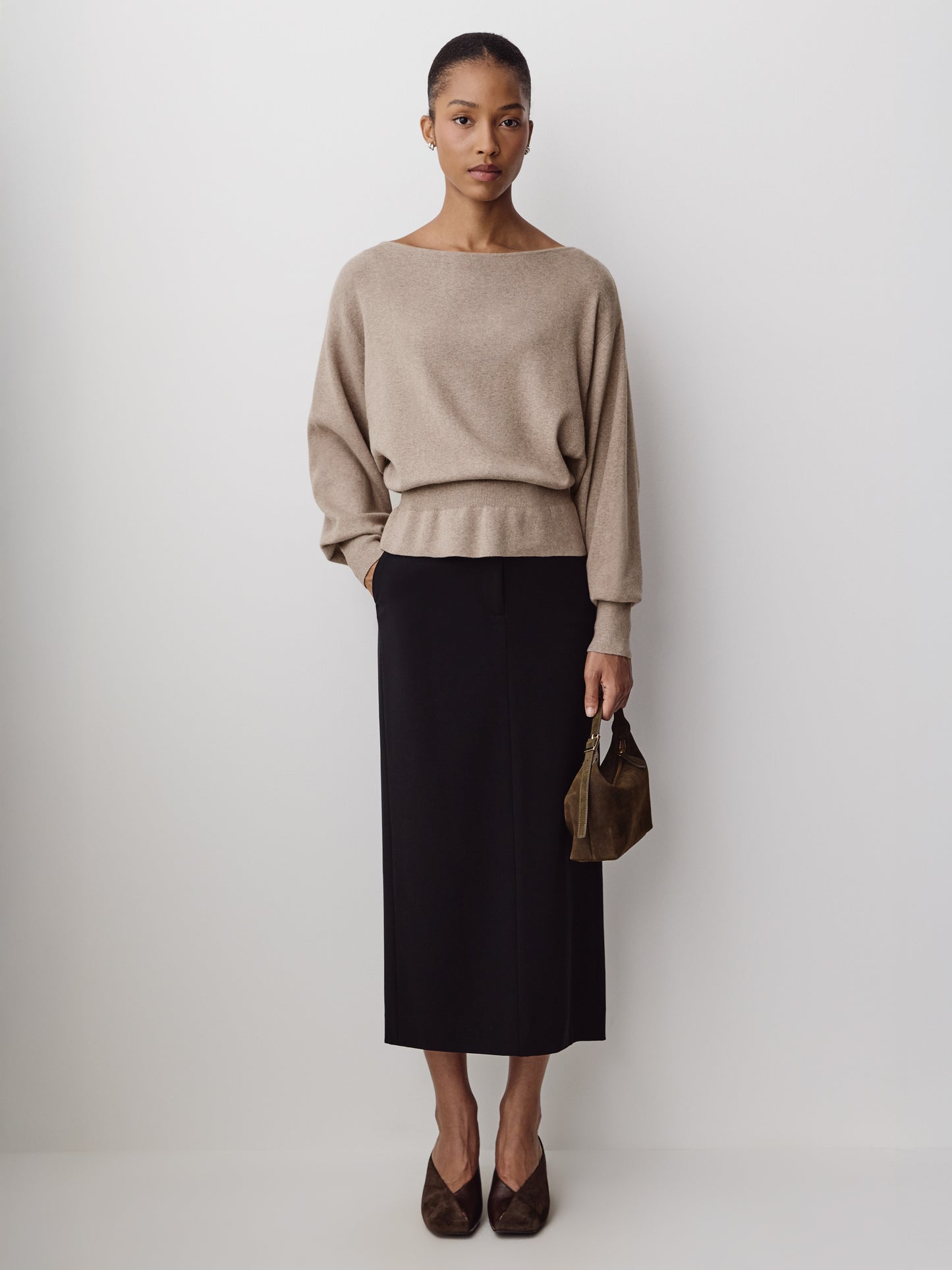 Ladies Knit Sweater Cinched Waist Boat Neck Cotton Blend