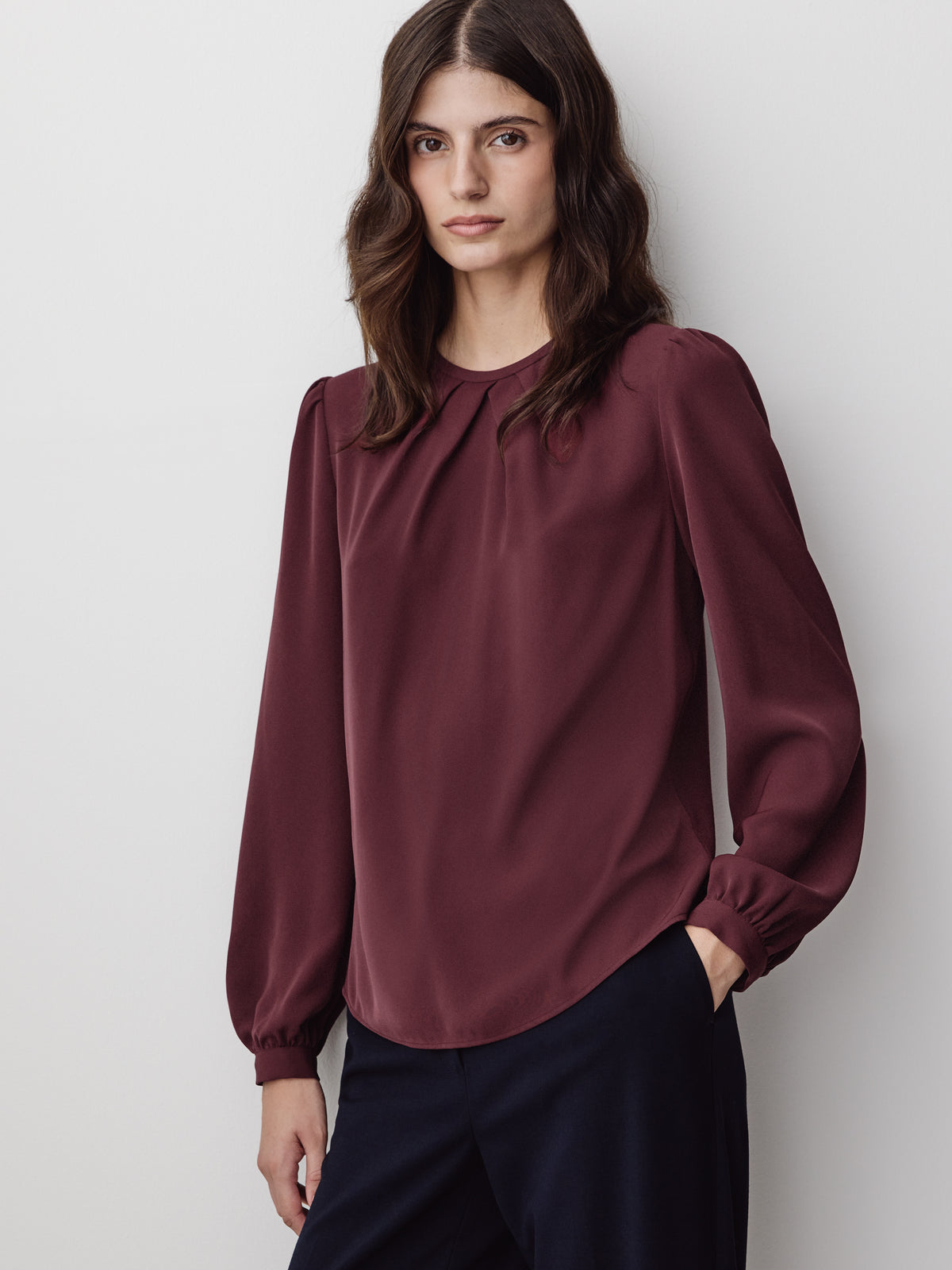 Woven Popover Blouse, Luxe Crepe, Long Sleeve