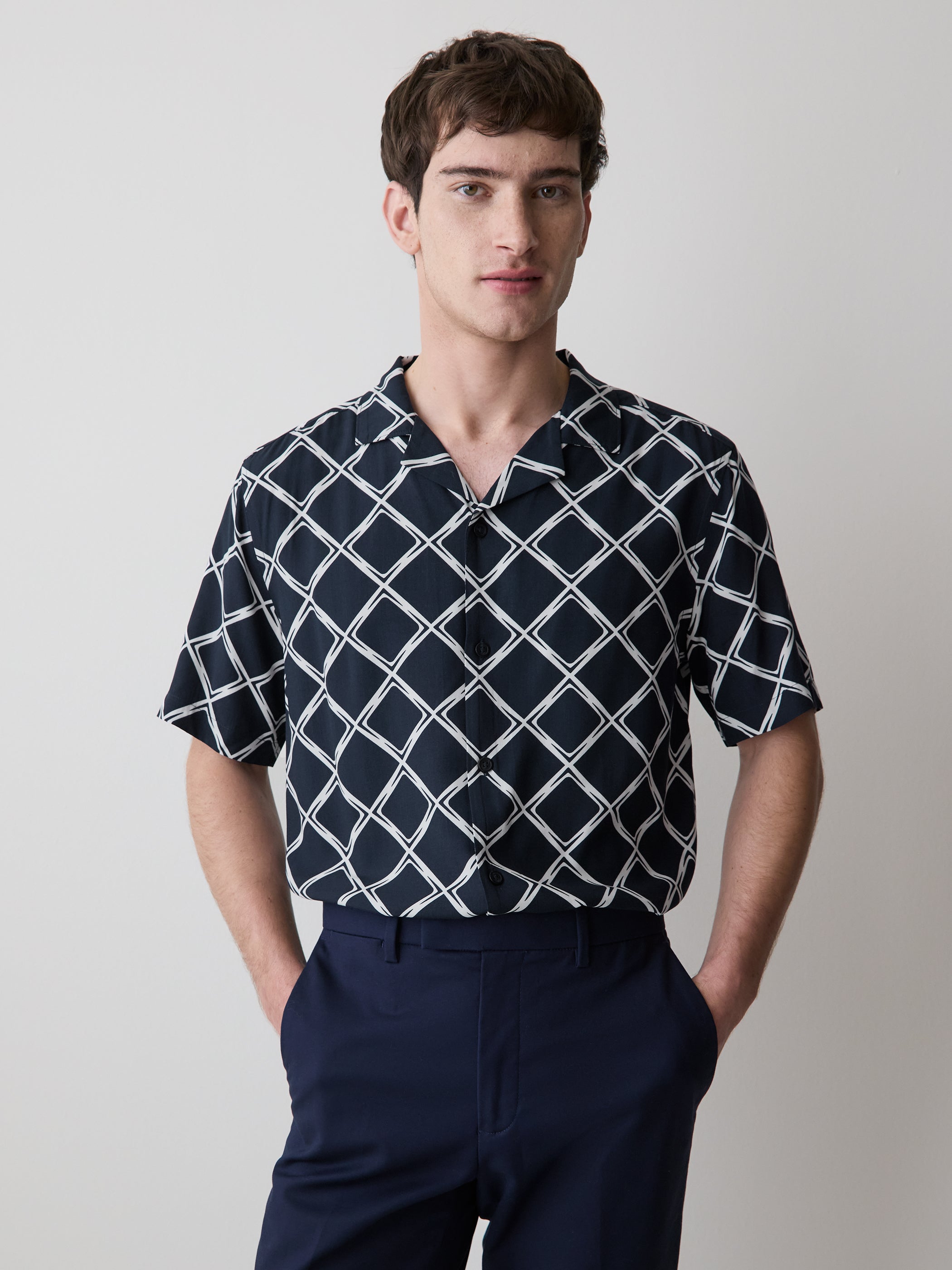 Short-Sleeve Camp-Collar Shirt with Geo Print