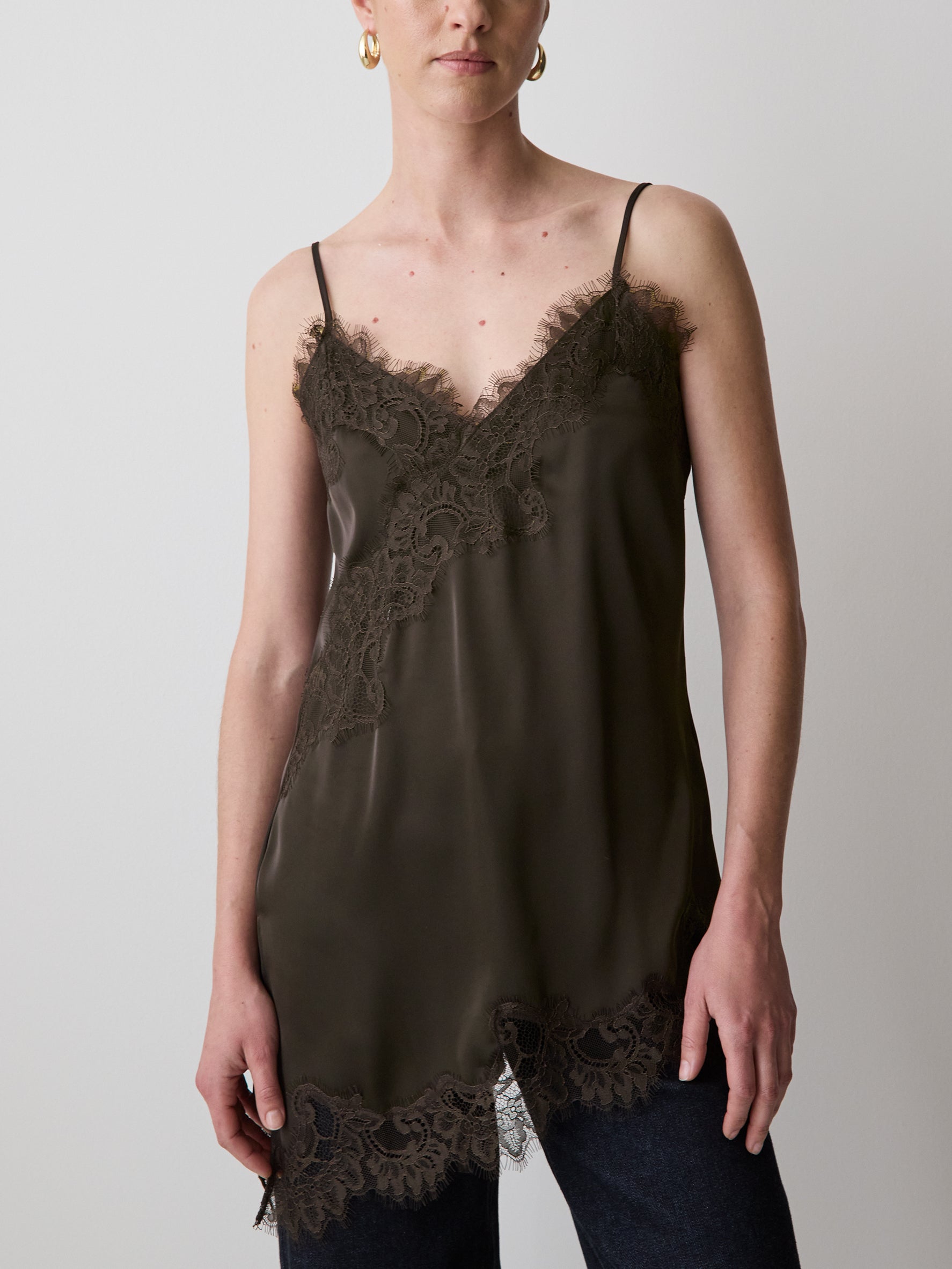 Sleeveless V-Neck Satin Blouse with Lace Trims