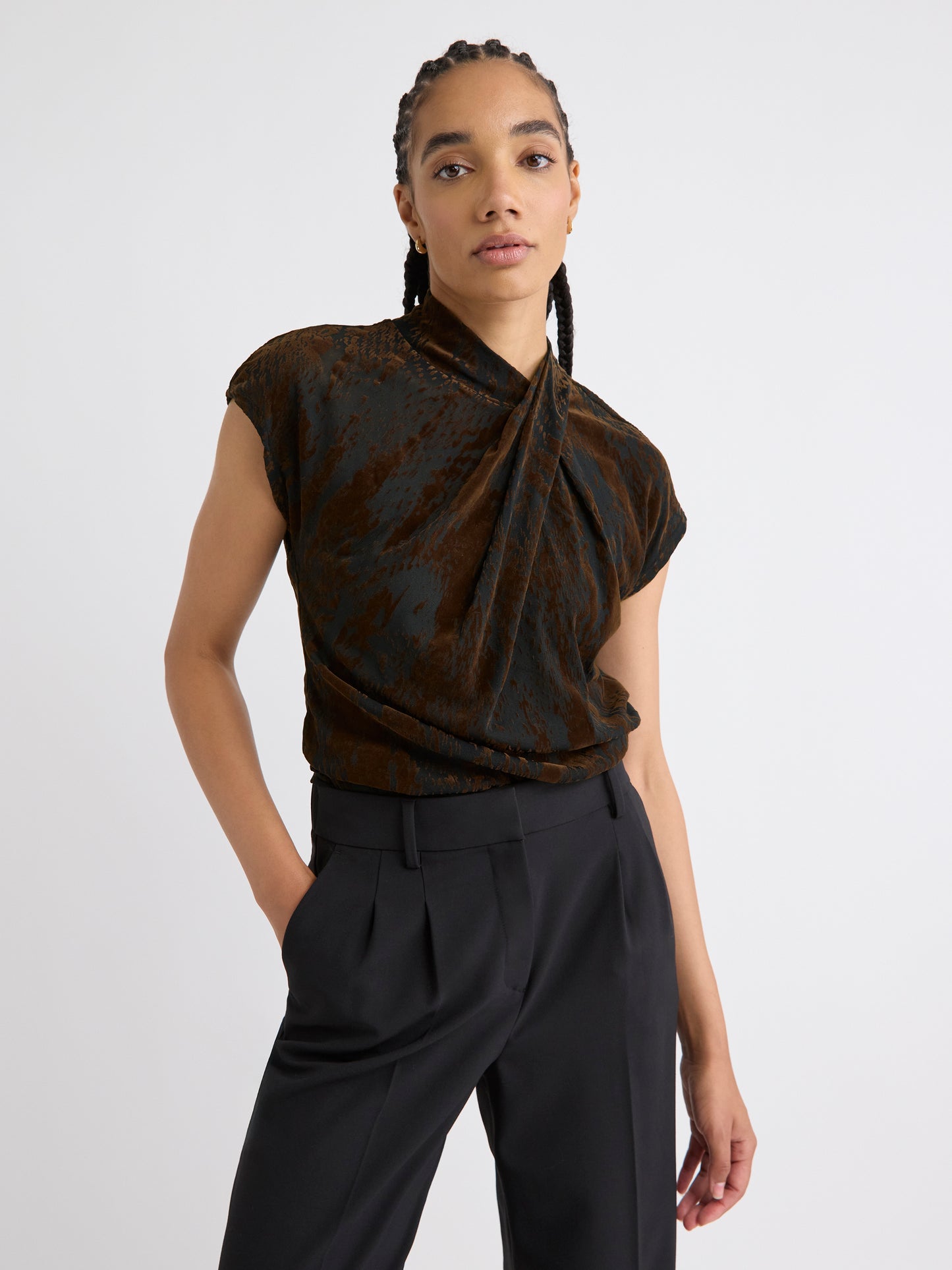 Extended-Sleeve Mock-Neck Burnout Top