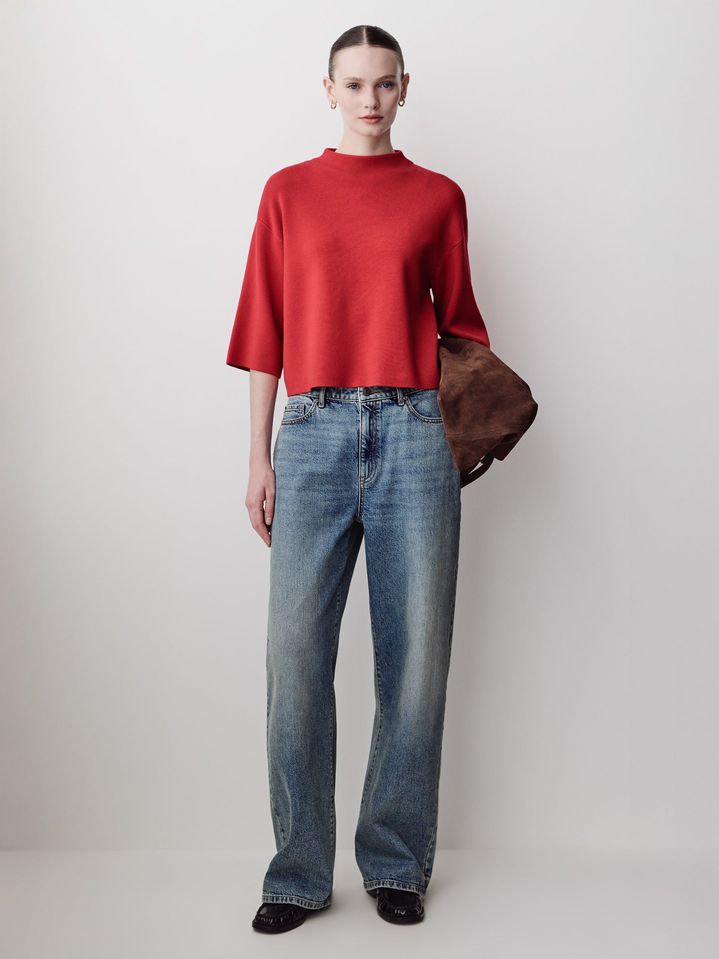 Mock-Neck Sweater with Bell Elbow Sleeves