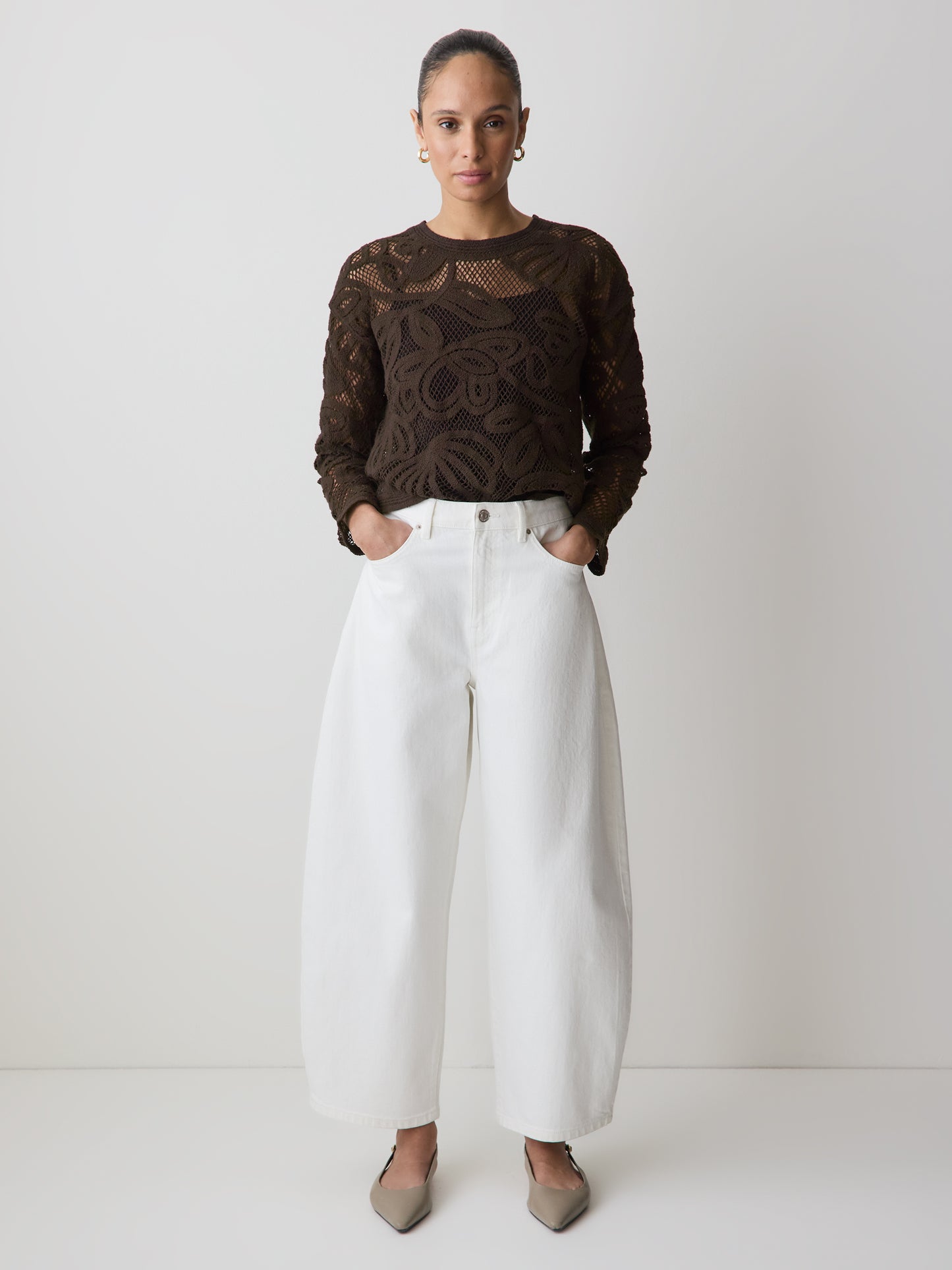 Long-Sleeve Crew-Neck Top with Crochet Details